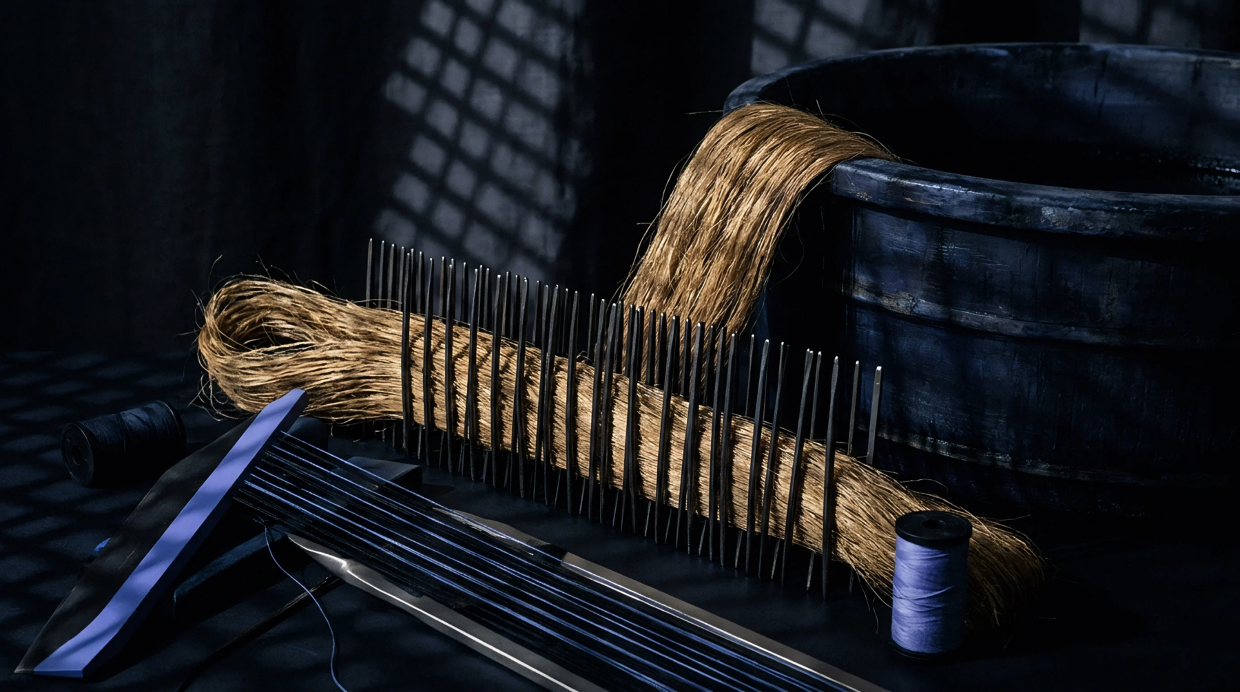 Golden flax fibres draped across steel hackle teeth rest next to a dark water tub and spools of thread on a workbench.