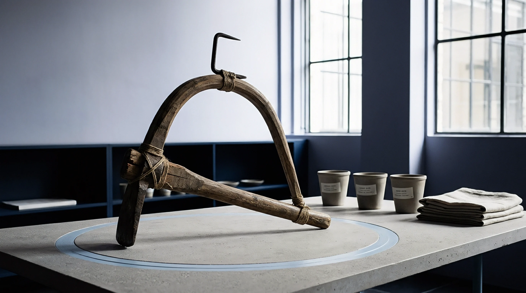 An archaic wooden flax processing implement bound with rope sits upon a grey concrete table beside ceramic vessels and woven linen textiles.