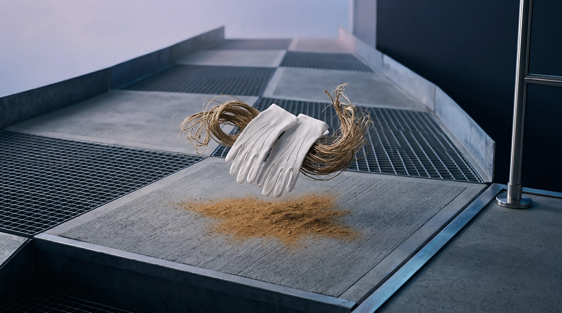 Suspended bast fibres and paired white textile gloves hover above textured concrete flooring alongside industrial metal drainage grates.