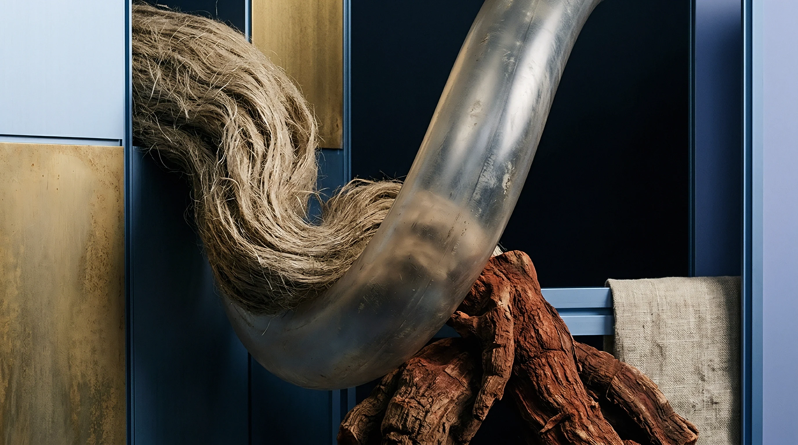 Raw flax tow emerges from a structured blue production module passing through a translucent conduit above raw wood.