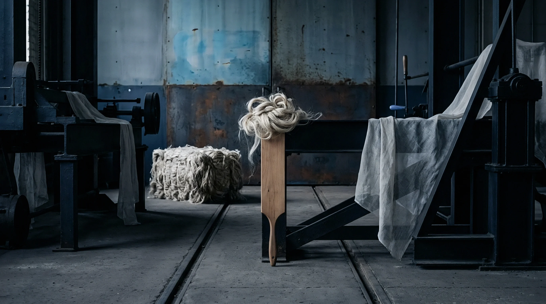Raw flax fiber bundles and draped woven cloth rest among heavy metal machinery inside a dark industrial processing mill.