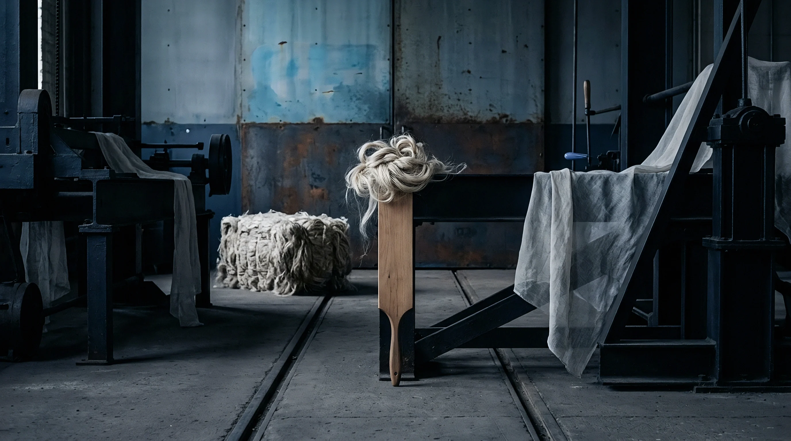 Raw flax fiber bundles and draped woven cloth rest among heavy metal machinery inside a dark industrial processing mill.