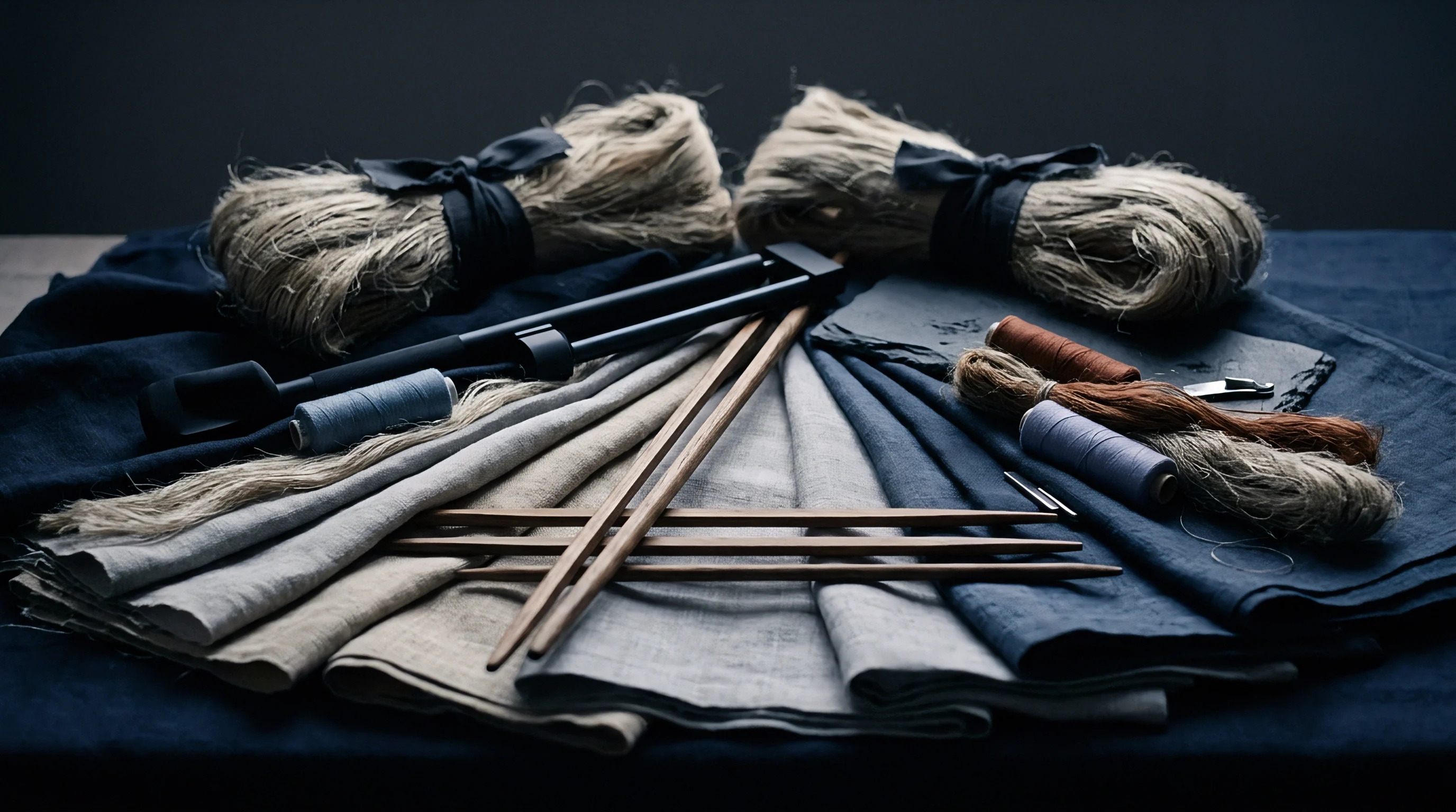 Raw flax fiber bundles, wooden weaving instruments, dyed threads, and layered linen cloths rest on a dark surface.