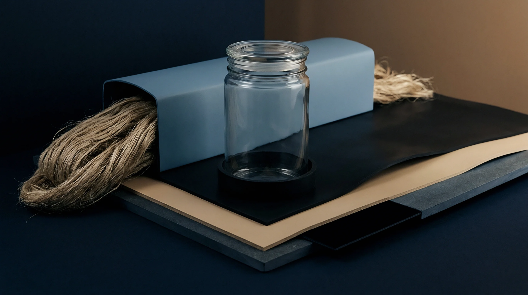 Raw flax fibers emerge from a blue guide channel beside a glass jar resting on layered production substrates.