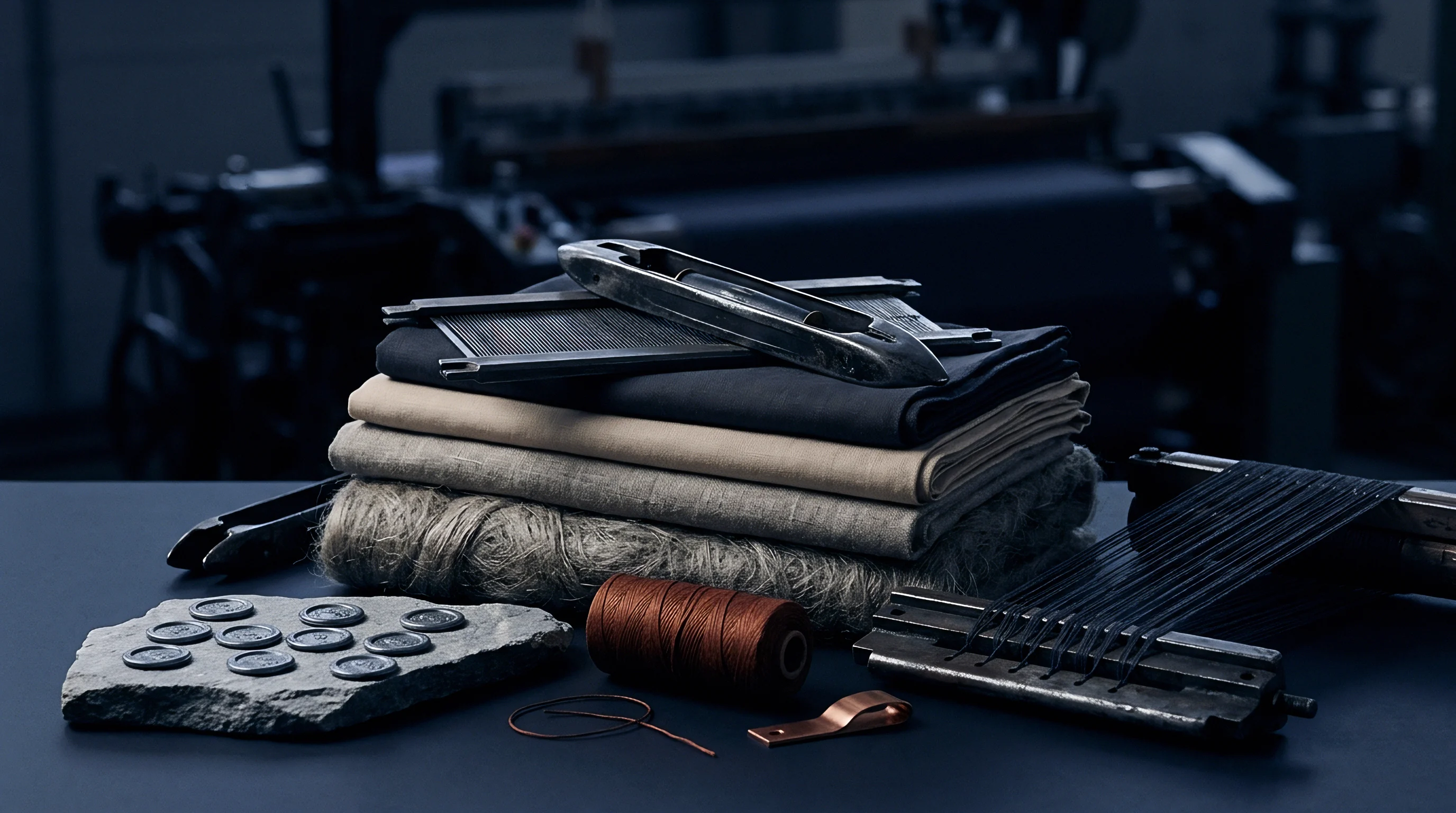 Raw flax fibers rest beneath layered neutral woven fabrics alongside a metal shuttle, industrial yarn spools, and traceability seals on a dark workbench.