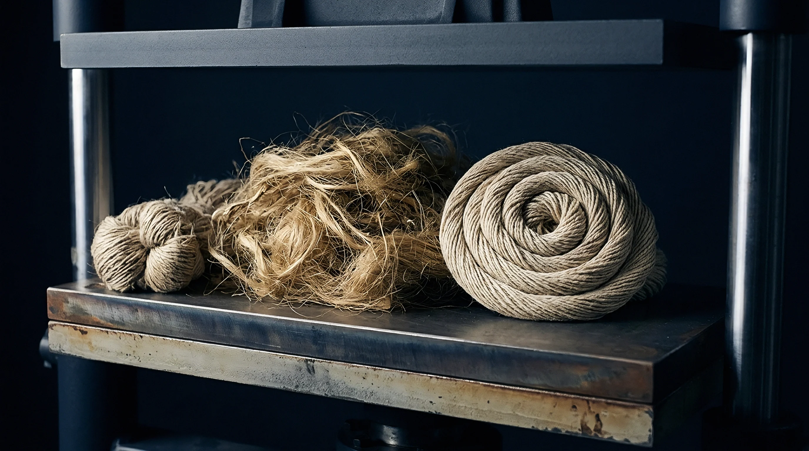 Loose hackled flax fibres sit between a wound yarn hank and a rolled cord upon an industrial metal press.