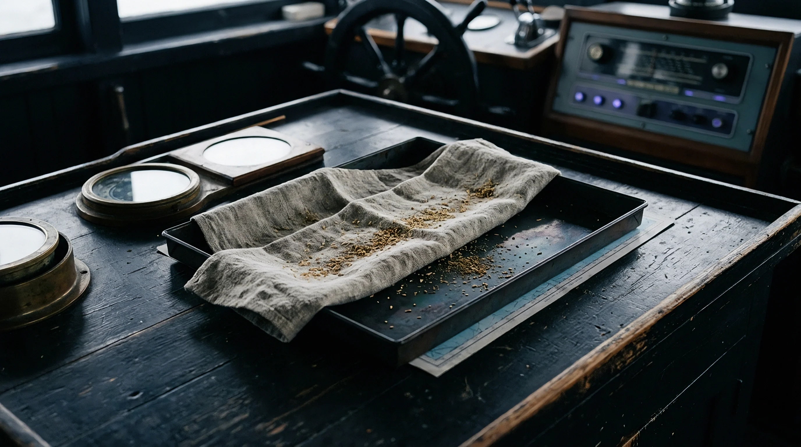 Flax seeds and botanical fibre fragments sit upon a grey linen textile spread across a dark metal tray inside a ship wheelhouse.