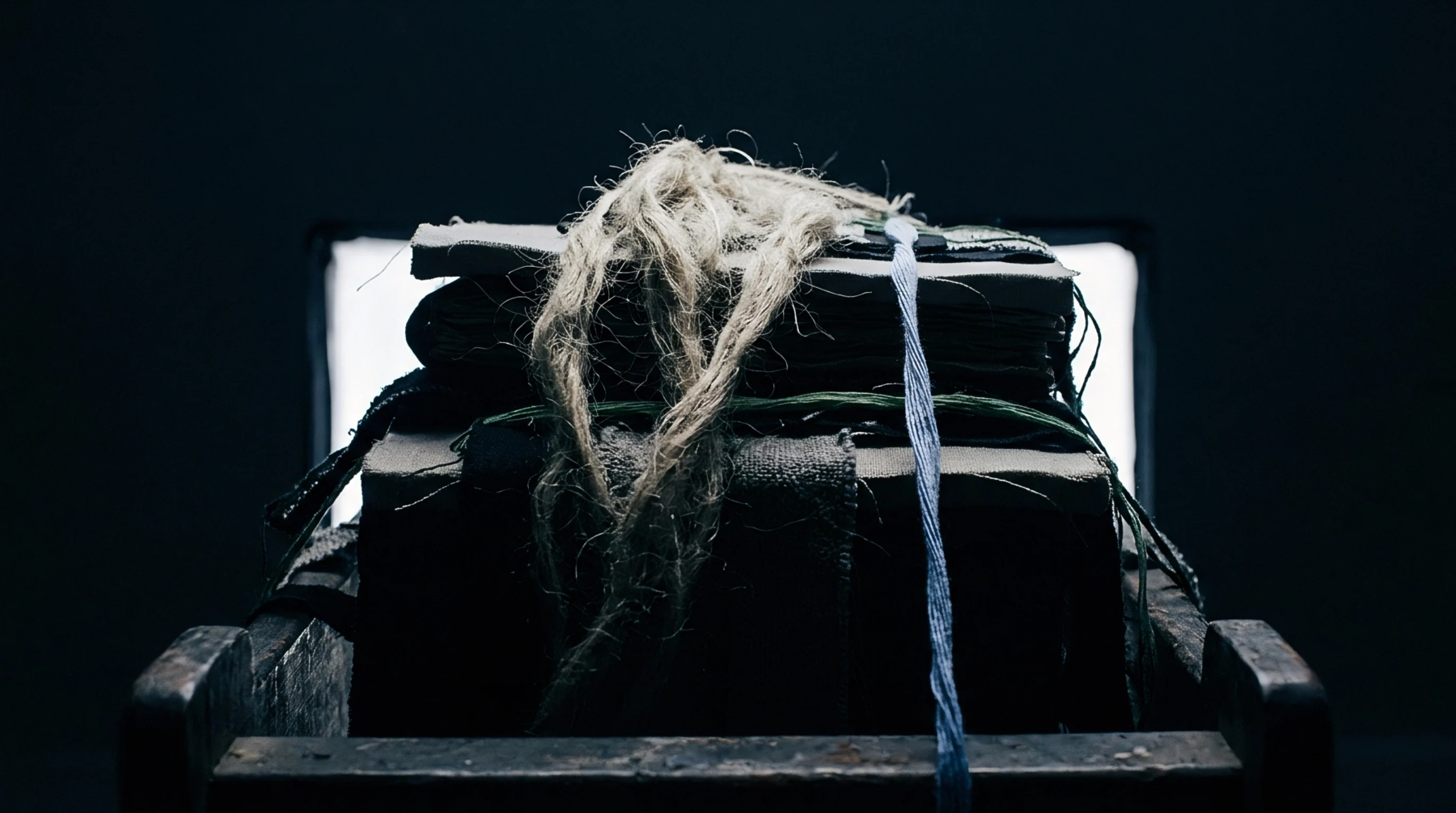 A bundle of coarse unspun flax fibre rests atop stacked dark woven cloth inside a wooden workshop cradle.