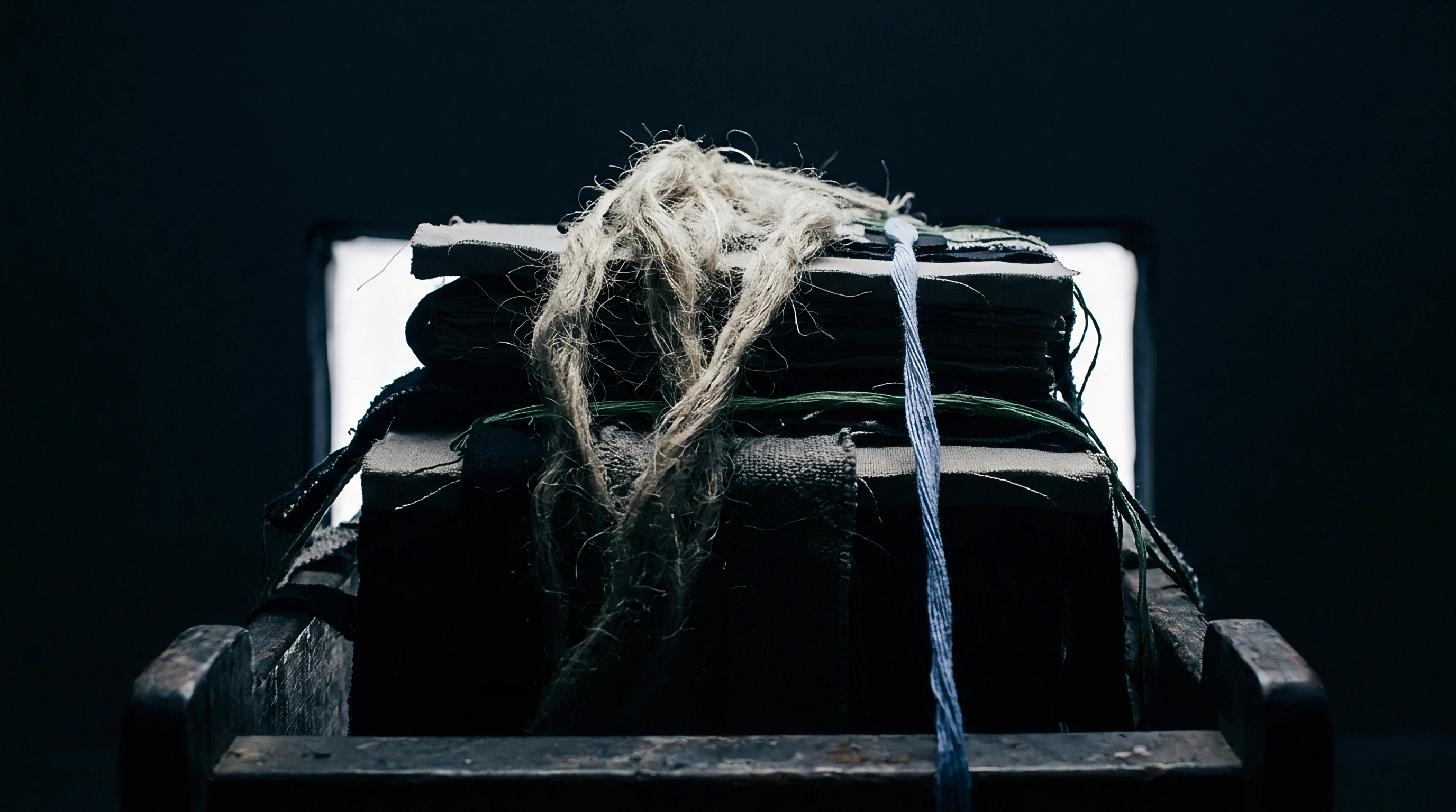 A bundle of coarse unspun flax fibre rests atop stacked dark woven cloth inside a wooden workshop cradle.