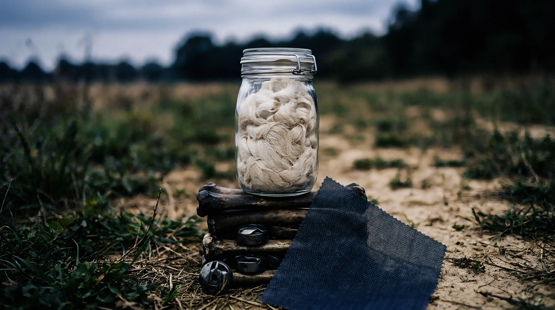 A glass jar containing raw flax fibre sits on stacked bones next to metal bobbins and a herringbone woven linen swatch.