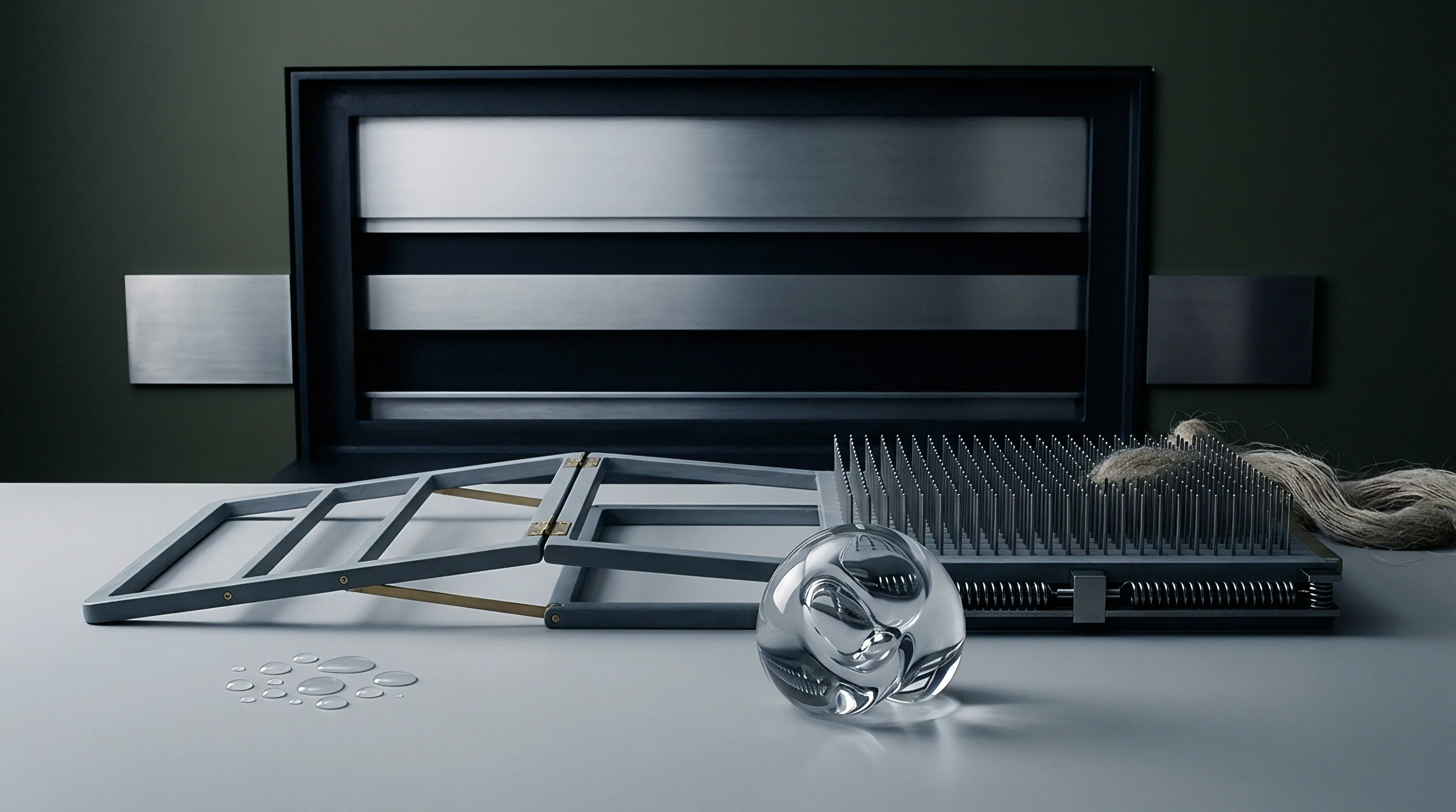 A metal pinned hackle board holds raw flax fibres beside a folding wooden frame and clear glass sphere on a white surface.