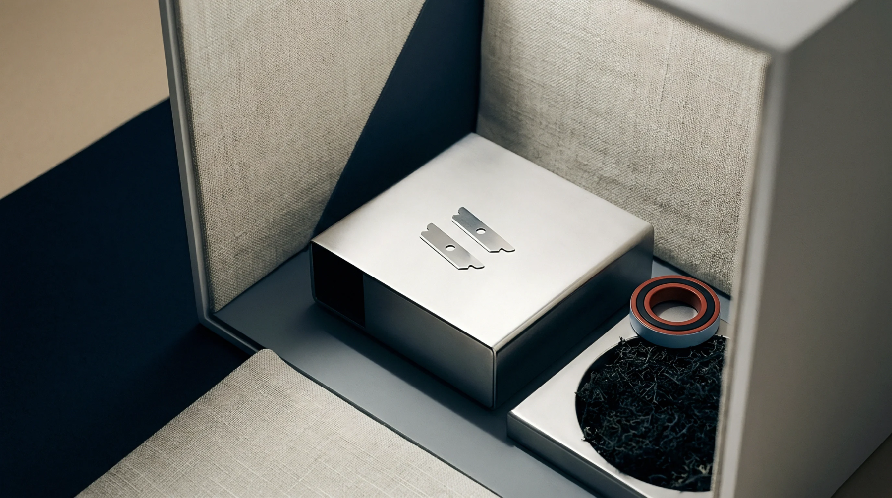 Raw plant fibers and precision metal components sit arranged inside an industrial flax processing and material sample presentation box.