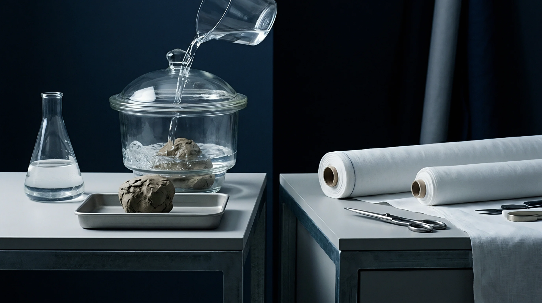 Water pours into a glass vessel holding raw flax over grey tables alongside rolled white woven cloth bolts in a studio.