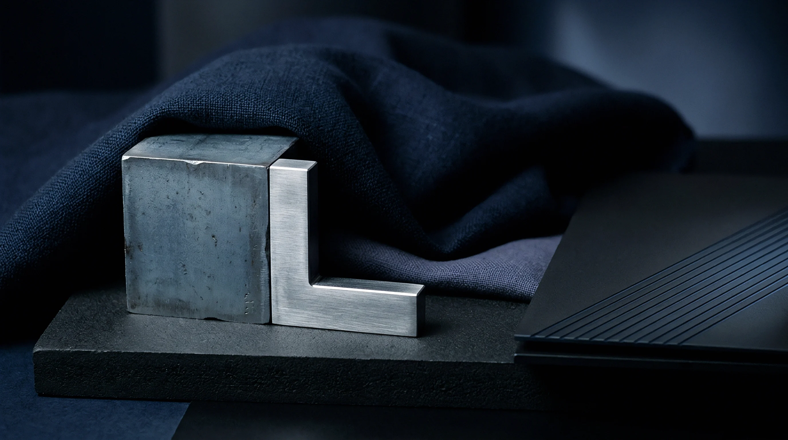 Heavy industrial metal blocks and machined steel brackets rest beside draped dark woven flax fabric on a textured slab.