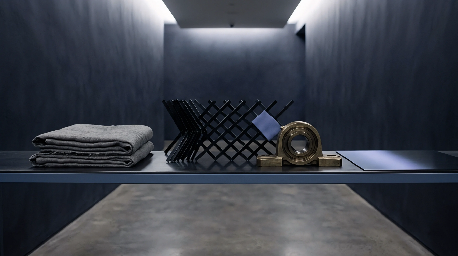Folded grey linen textile rests on a shelf next to an industrial metal grid and a bronze pillow block bearing housing.