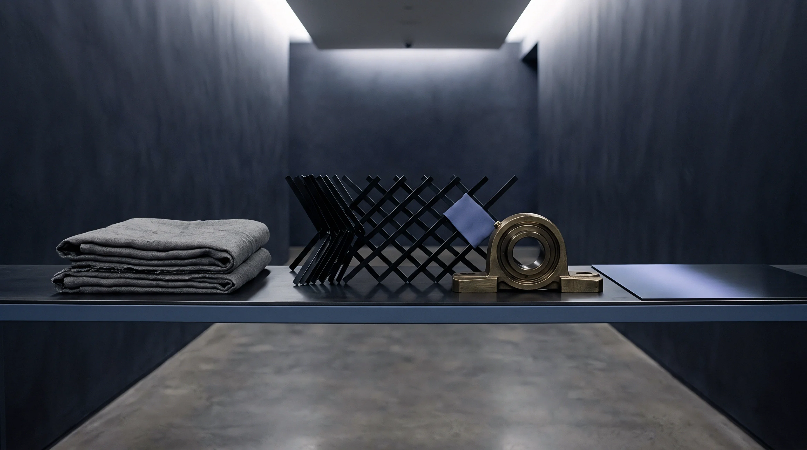 Folded grey linen textile rests on a shelf next to an industrial metal grid and a bronze pillow block bearing housing.