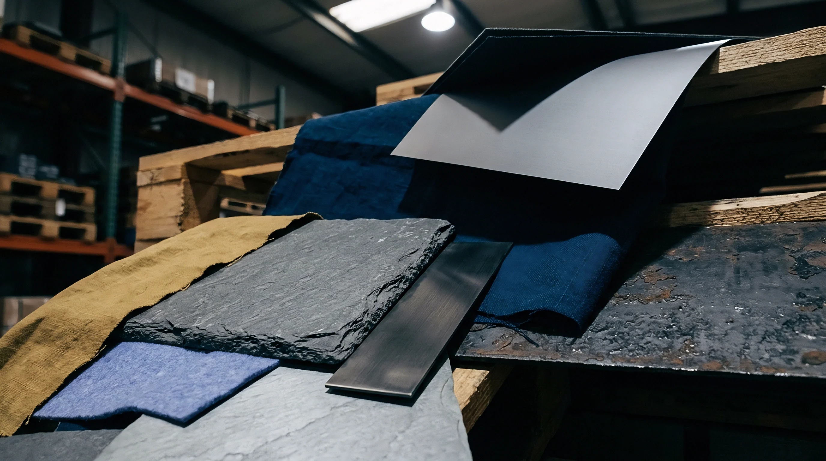 Assorted woven cloth samples and raw mineral substrates rest upon wooden pallets inside a textile production facility storage area.