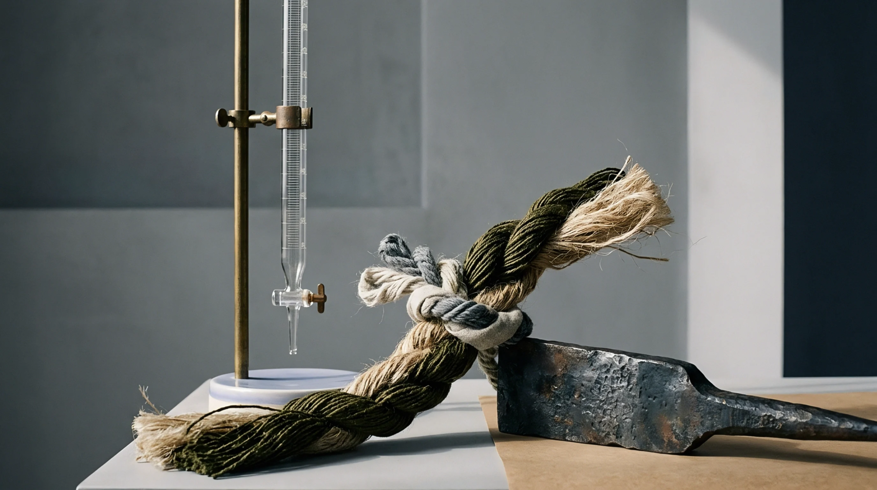A glass laboratory burette stands beside a knotted braid of natural flax fibers resting near a heavy forged metal anvil.