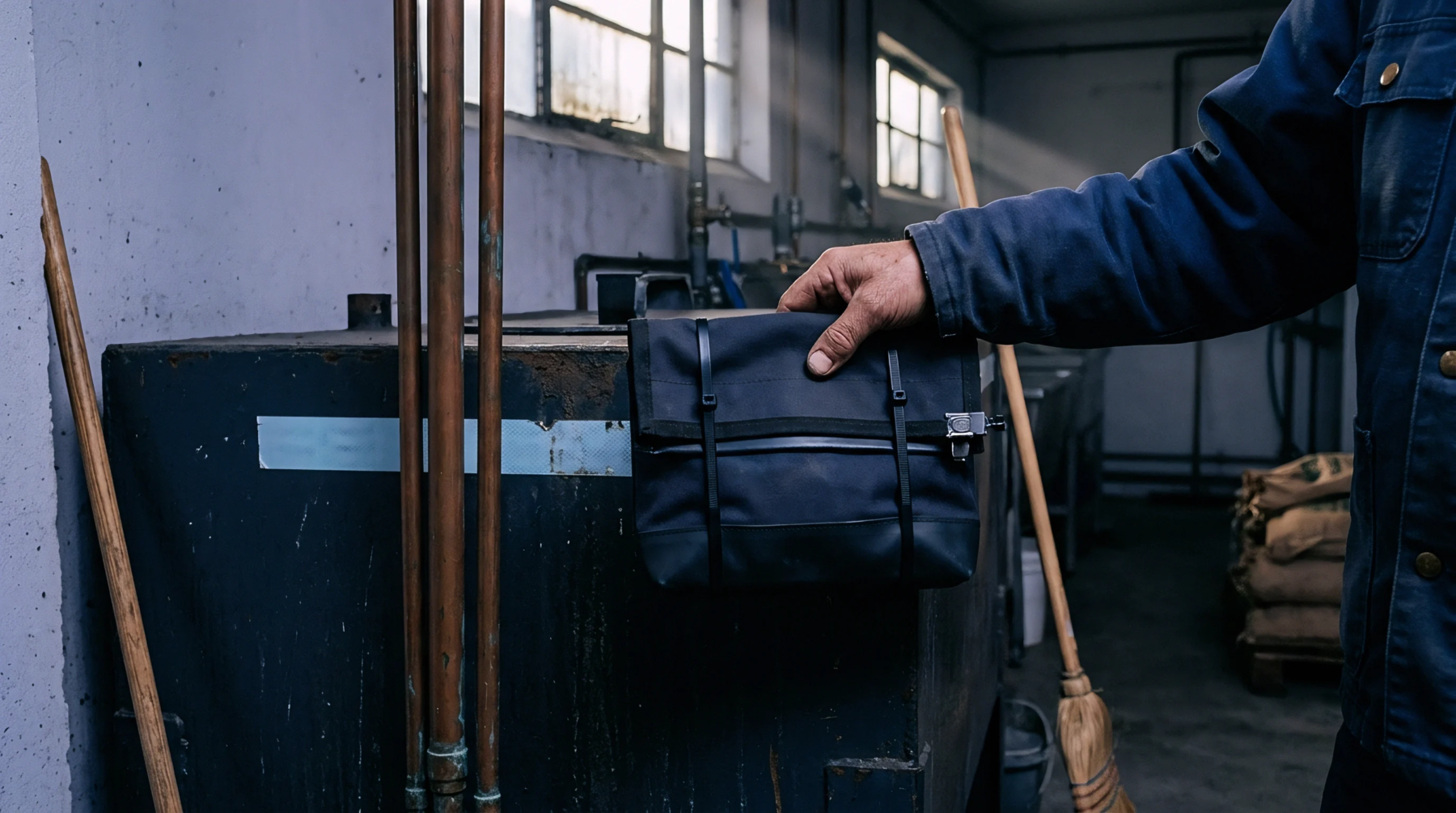 A technician wearing blue workwear holds a sealed dark canvas sample pouch in an industrial storage room with metal tanks.