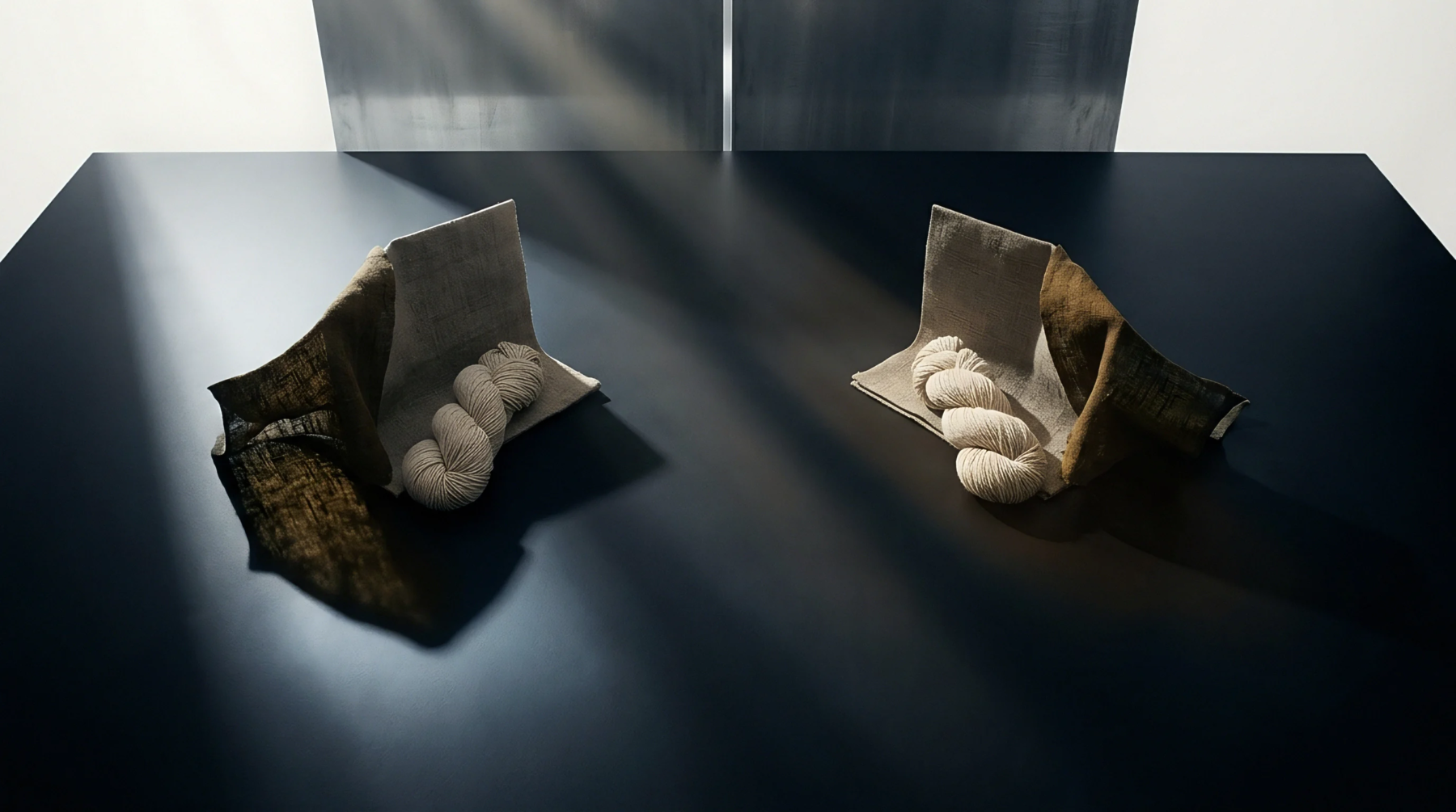 Two matched sets of linen yarn skeins and heavy woven fabric samples rest symmetrically across a dark flat workspace with metallic partitions.