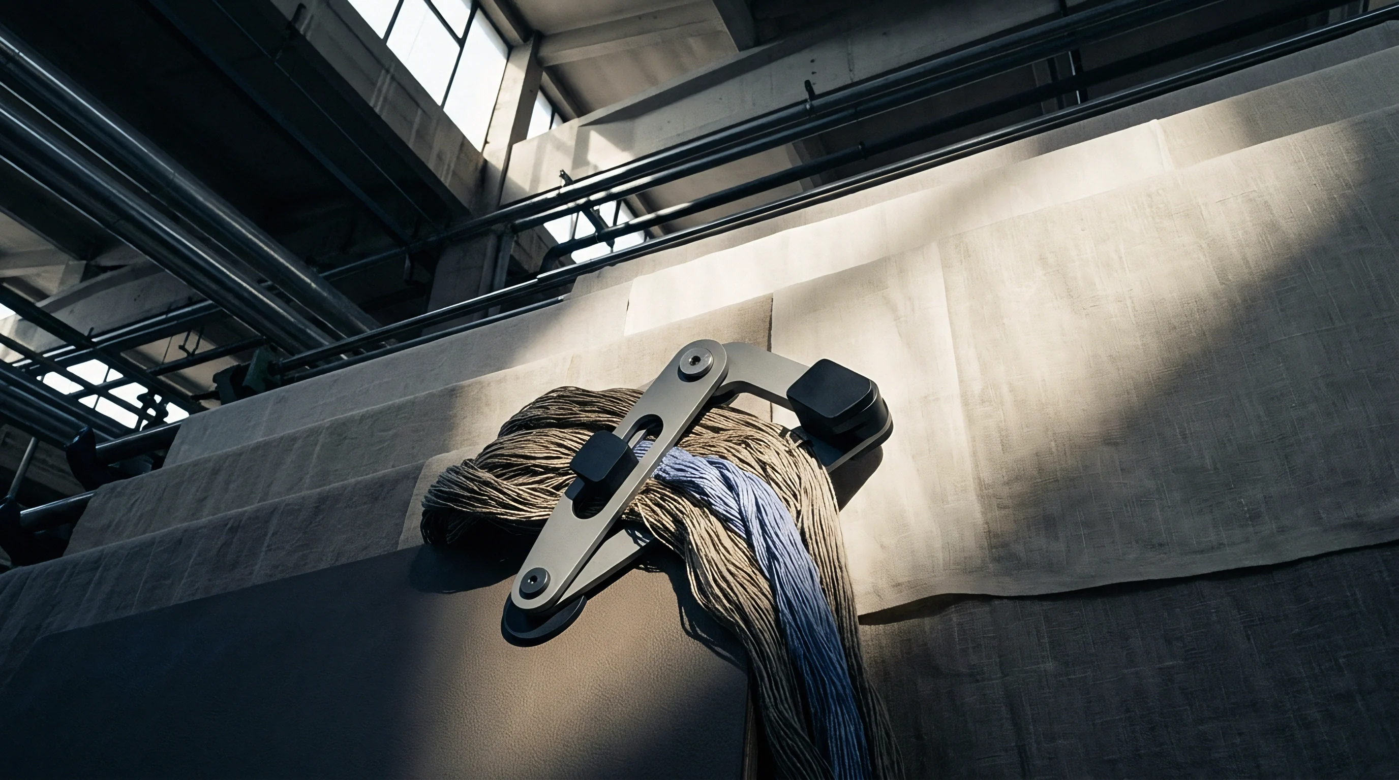 Mechanical tracking equipment securely clamps onto bundled flax fibres suspended inside an active industrial textile production facility.