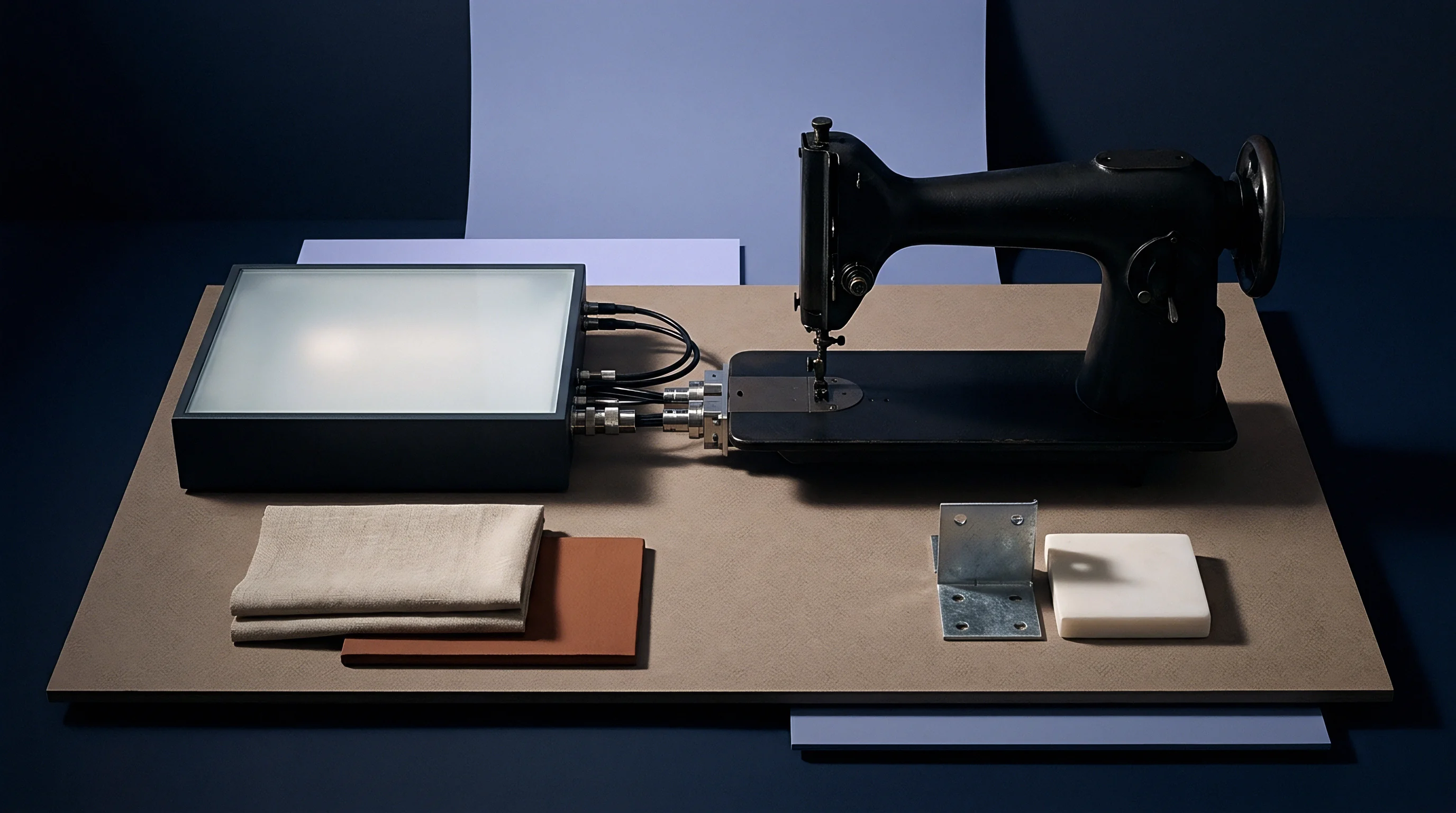 A vintage sewing machine links via coaxial cables to an analytical light box beside folded linen fabric on a workshop workbench.