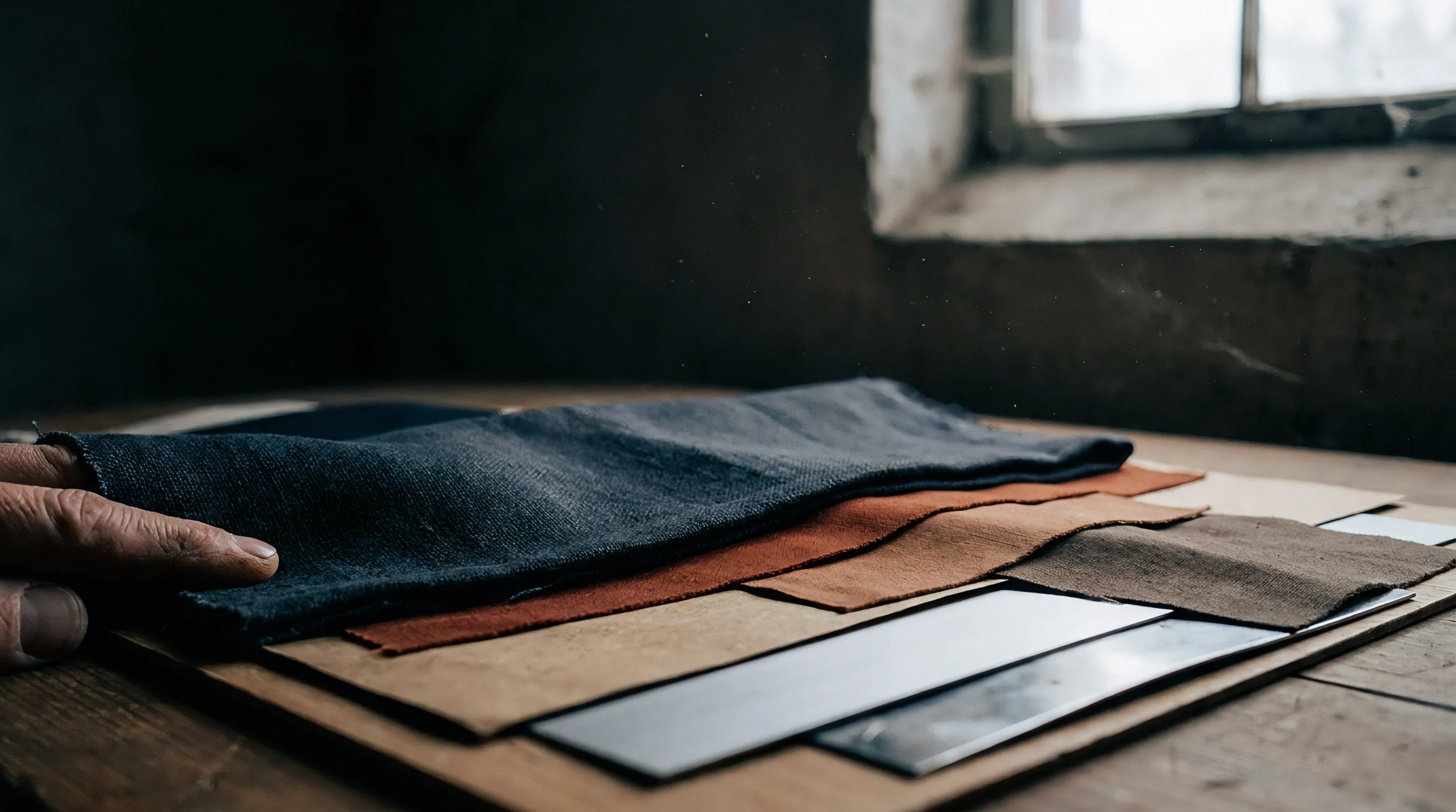 A human hand presses down on folded dark linen swatches layered over vegetable dyed fabrics upon a wooden workbench near a window.
