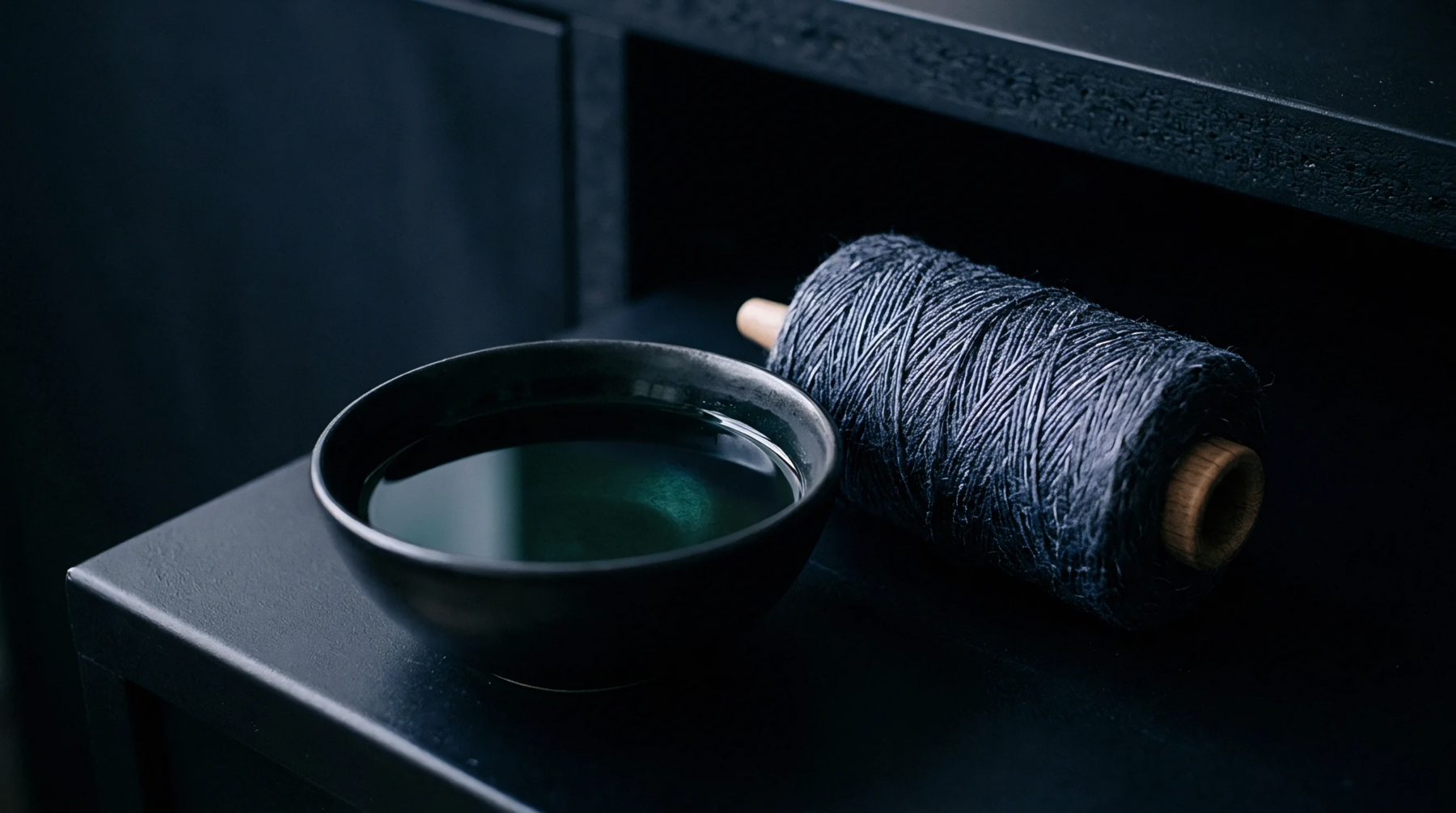 A heavy wooden spool wound with dark spun linen thread rests beside a dark ceramic bowl filled with processing liquid upon a workbench.