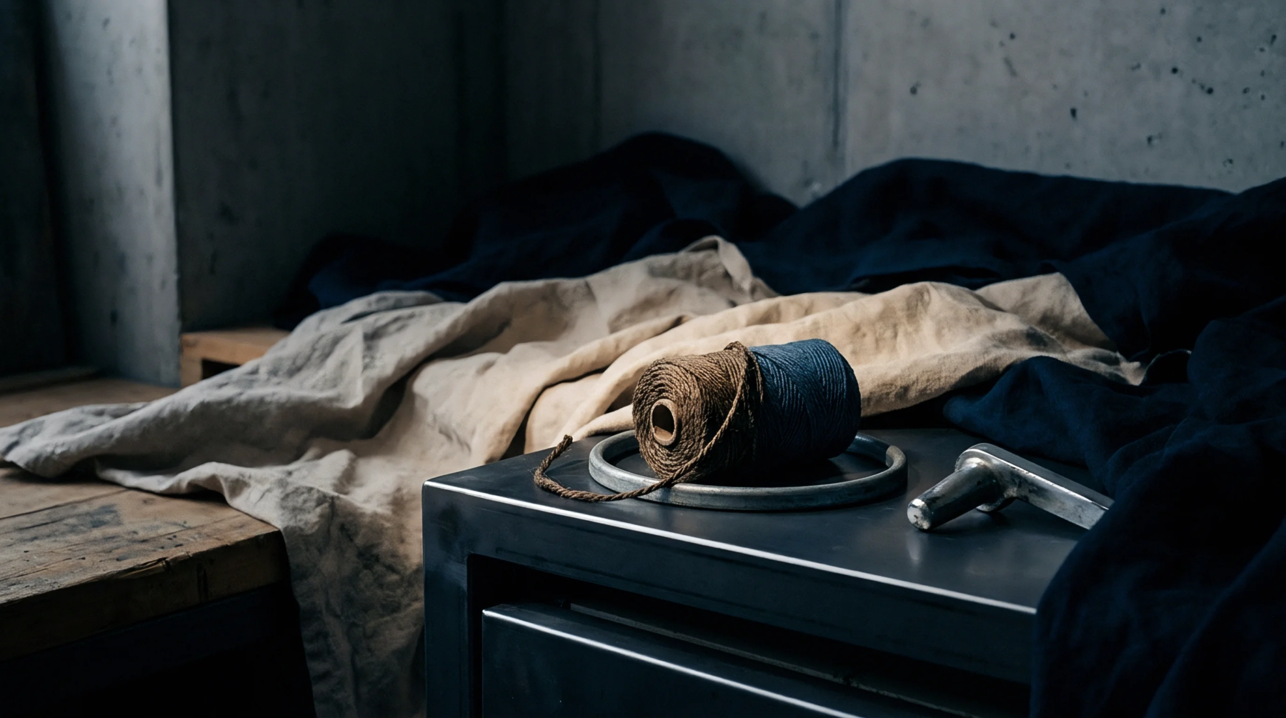 Natural flax twine spools and indigo dyed yarn rest atop folded woven fabric inside a dark industrial textile workshop.