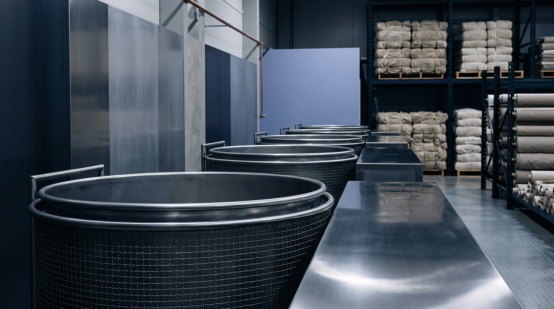 Large stainless steel processing vats sit beside a metal work table inside an industrial textile production facility.