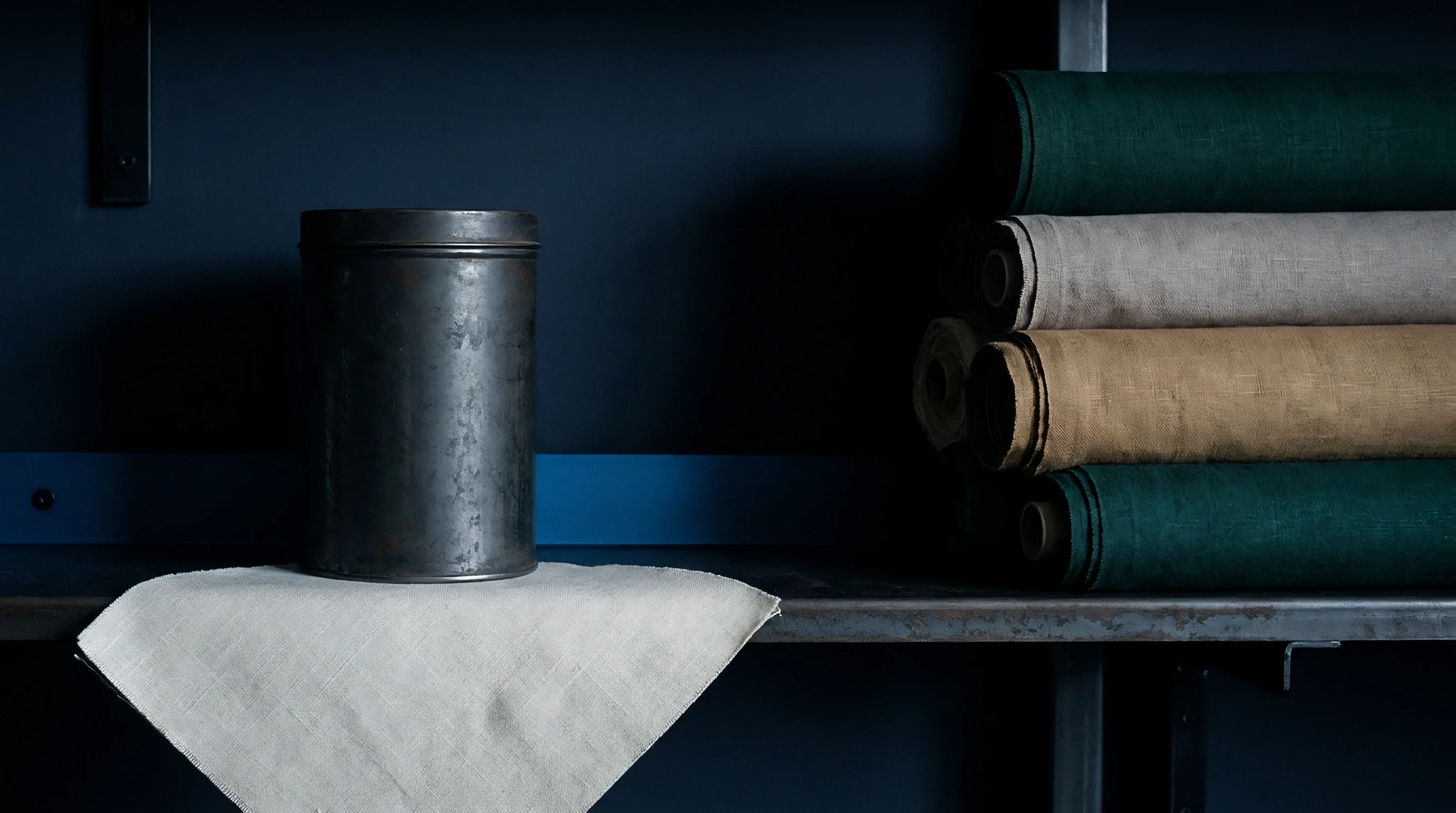 Woven fabric rolls rest stacked beside an aged metal container atop a dark industrial shelf draped with undyed textile.