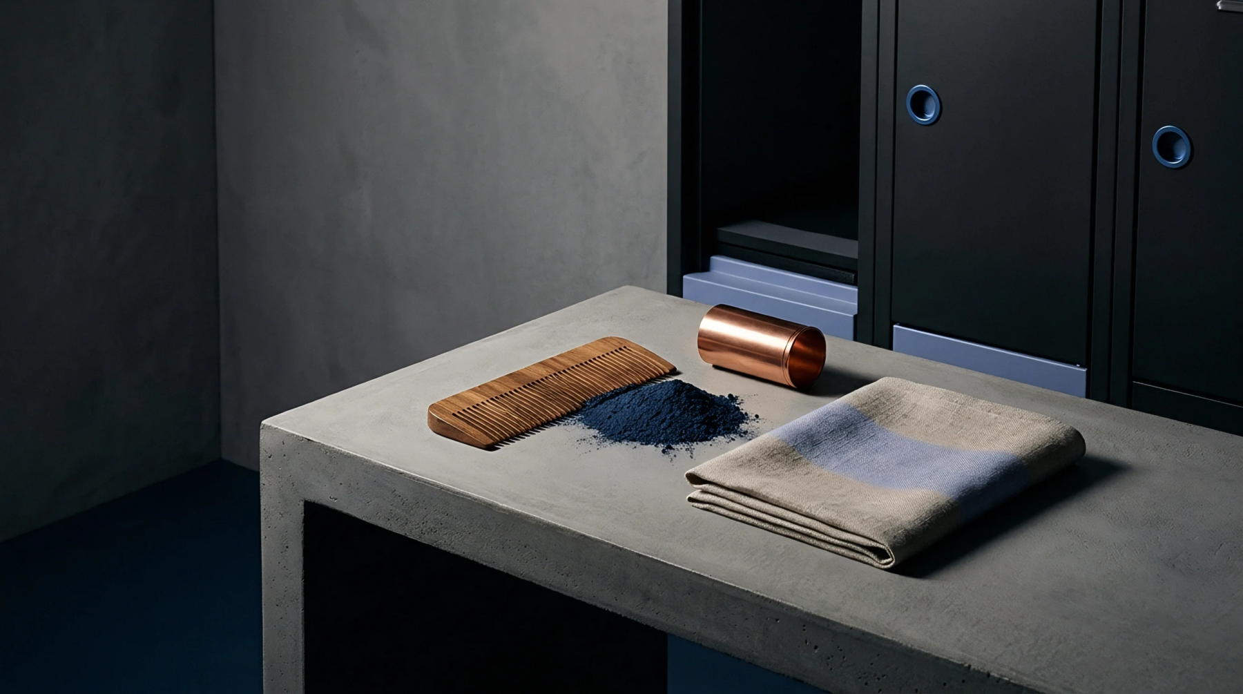 A folded beige and blue woven textile rests on a concrete surface beside a pile of deep blue pigment, a wooden comb, and a copper cylinder.