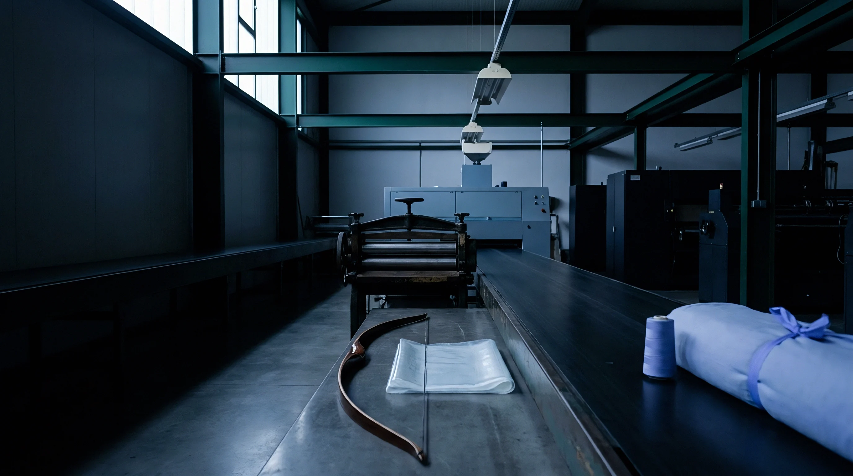 Heavy industrial machinery and a workbench holding a wooden bow and wrapped fabric occupy a dim textile production facility floor.