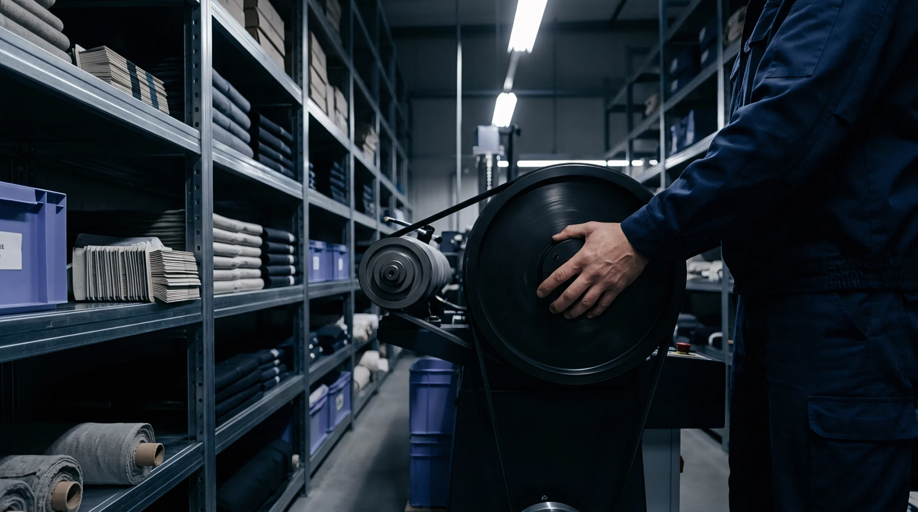 A blue overalls clad mill worker manages an industrial yarn winding machine beside steel shelving stocked with folded textile rolls in a production facility.