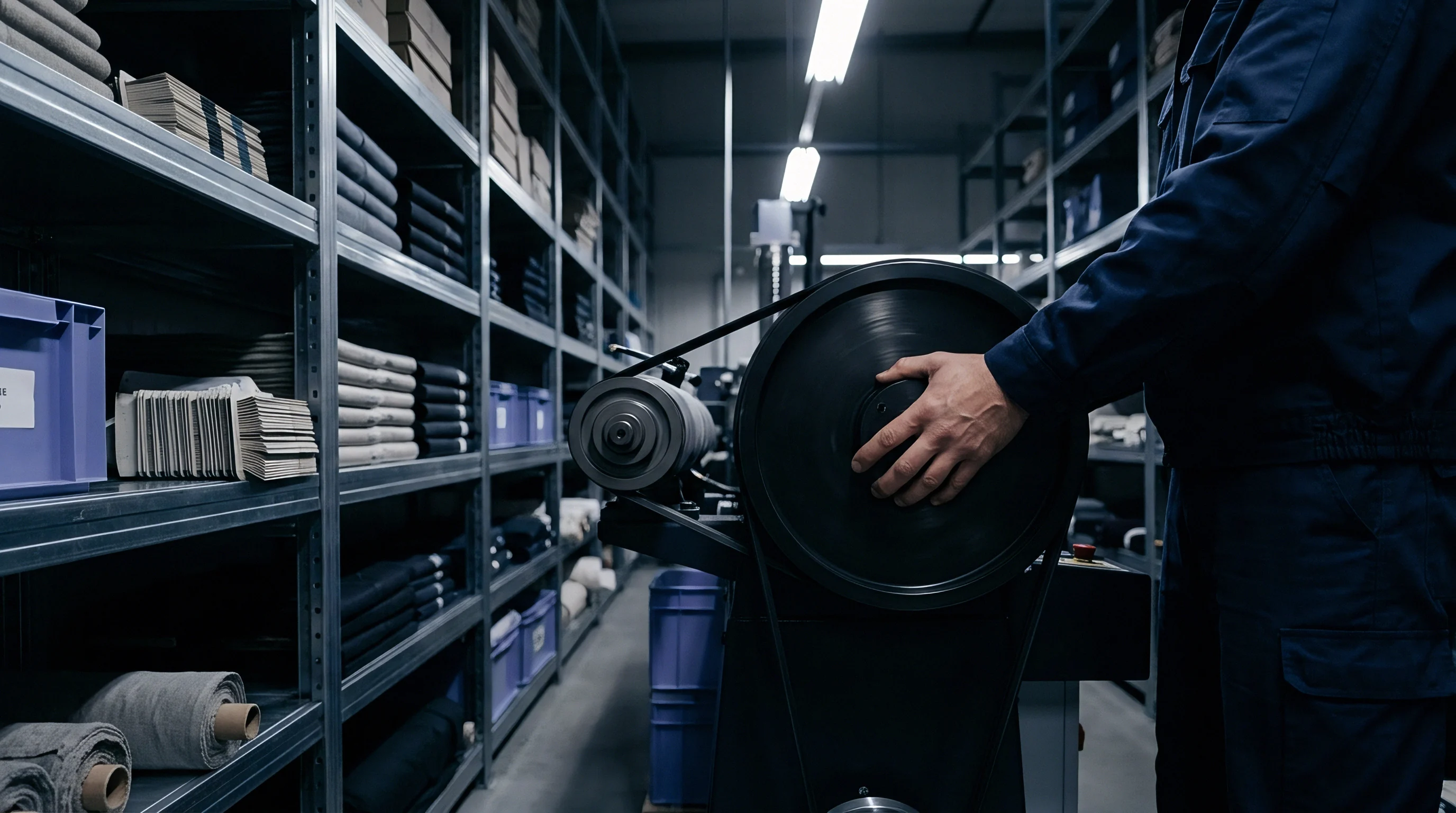 A blue overalls clad mill worker manages an industrial yarn winding machine beside steel shelving stocked with folded textile rolls in a production facility.