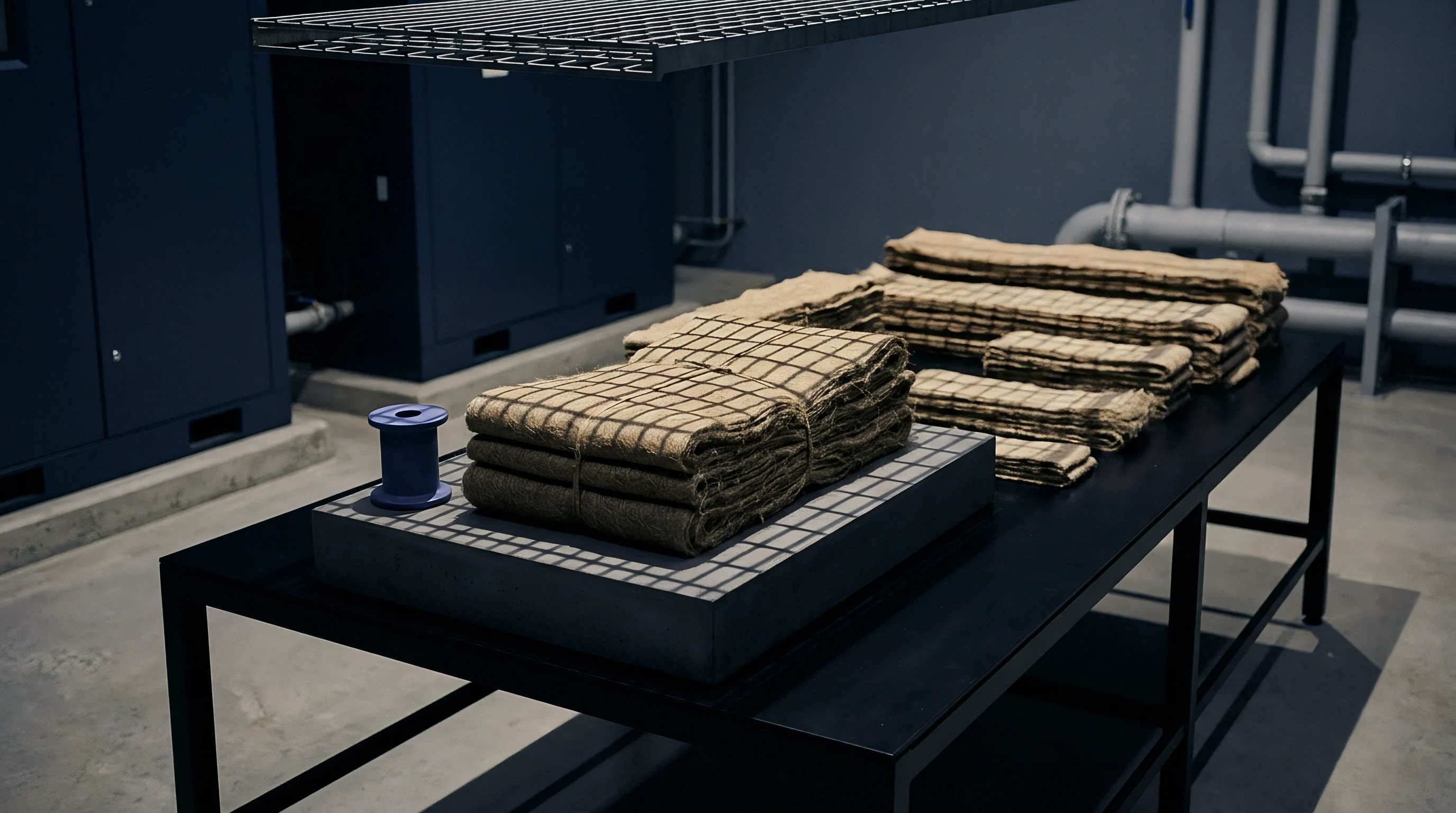Folded bundles of coarse woven textile fabric rest on a dark metal inspection workbench inside an industrial production facility.