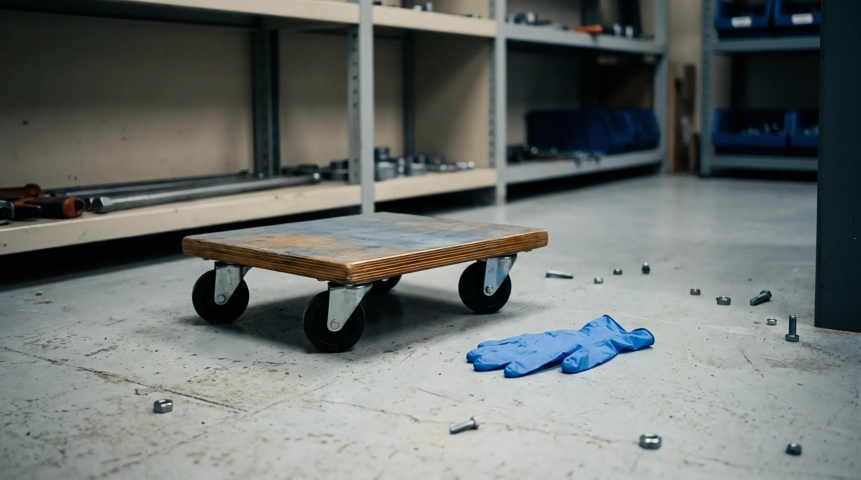 Wooden industrial cart rests on a concrete production floor alongside scattered metal fasteners and a protective glove near storage shelving.