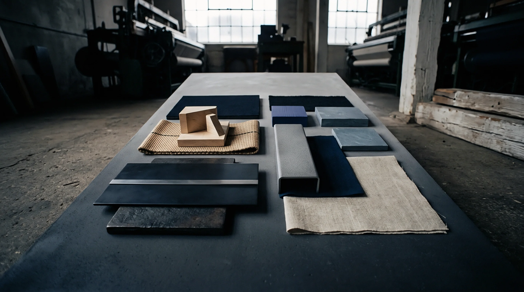 Raw textile swatches, wooden blocks, and metal elements lie arranged across a concrete work surface inside an industrial weaving mill.