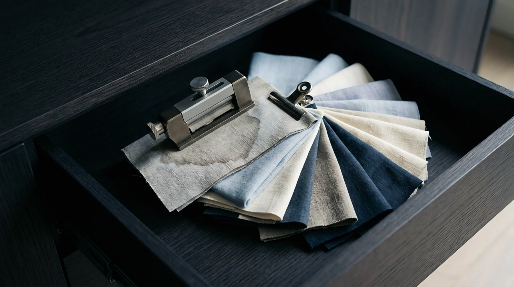 A metal testing gauge rests on a stack of woven linen fabric swatches inside a dark wooden storage drawer.