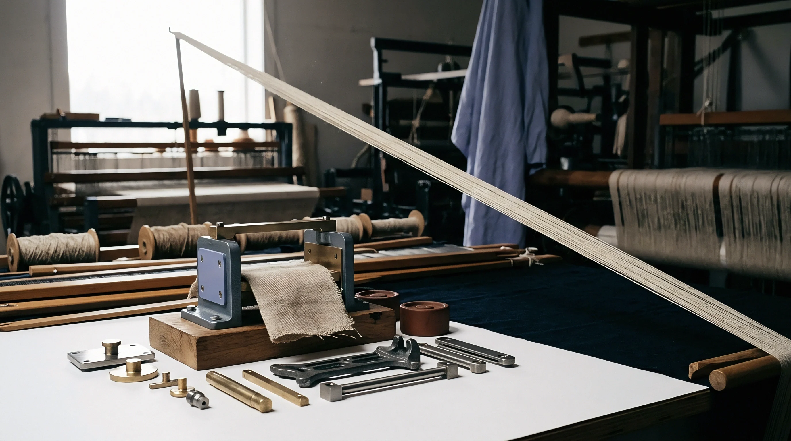 Machined metal loom components and a small press clamping woven flax fabric rest on a white workbench beside an angled warp.
