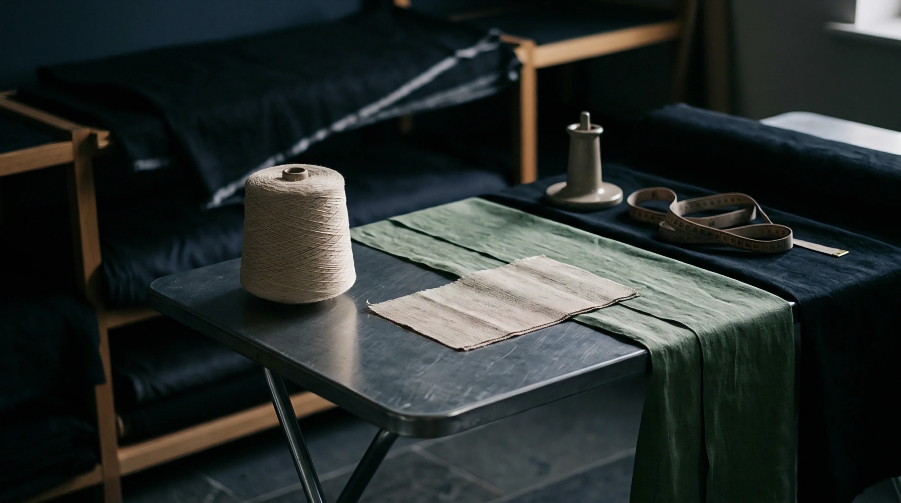 A large yarn spool rests beside woven olive cloth and fabric swatches on a metal workshop table amid stacked textile rolls.