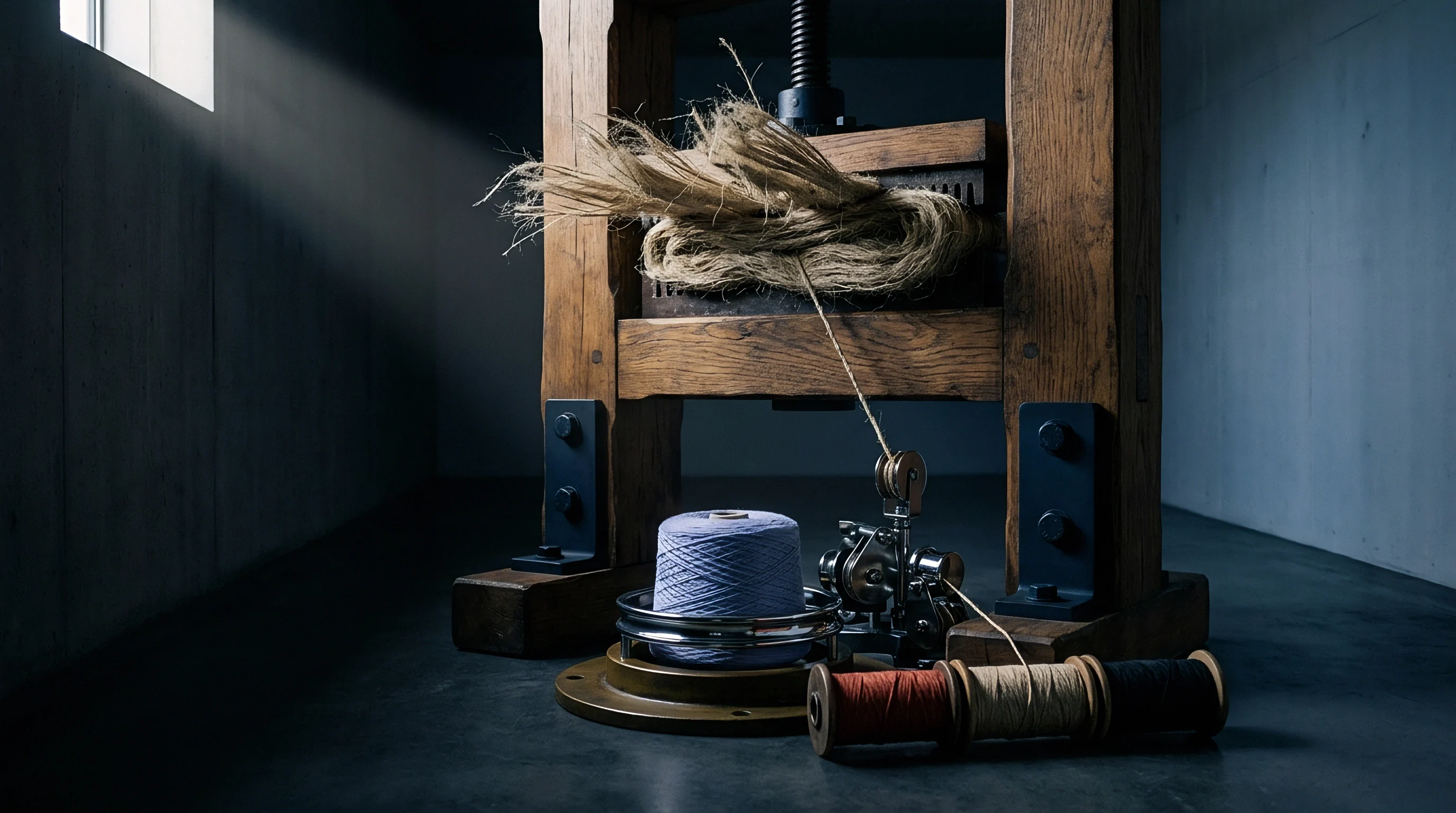 Raw flax fibre rests on a wooden press, a thread feeding through a mechanism to a large blue yarn spool and smaller coloured bobbins.