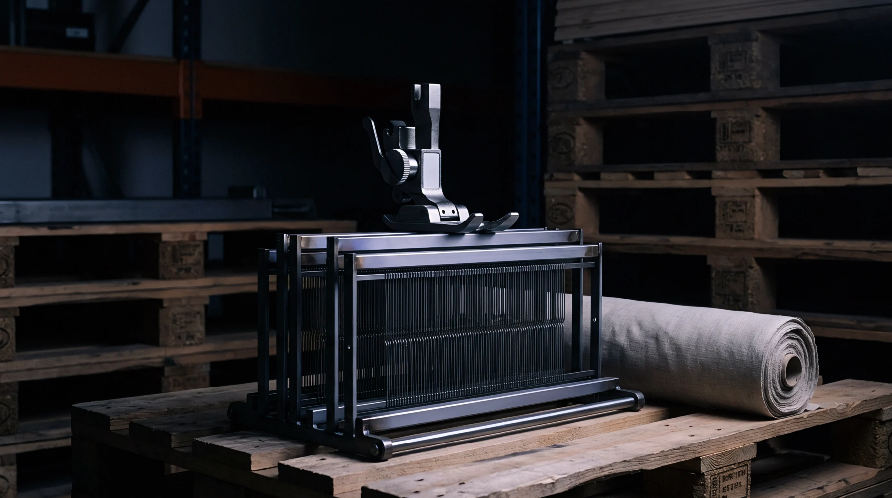 A metal weaving loom harness stands atop a wooden pallet beside a rolled bolt of unbleached textile inside a dim warehouse.