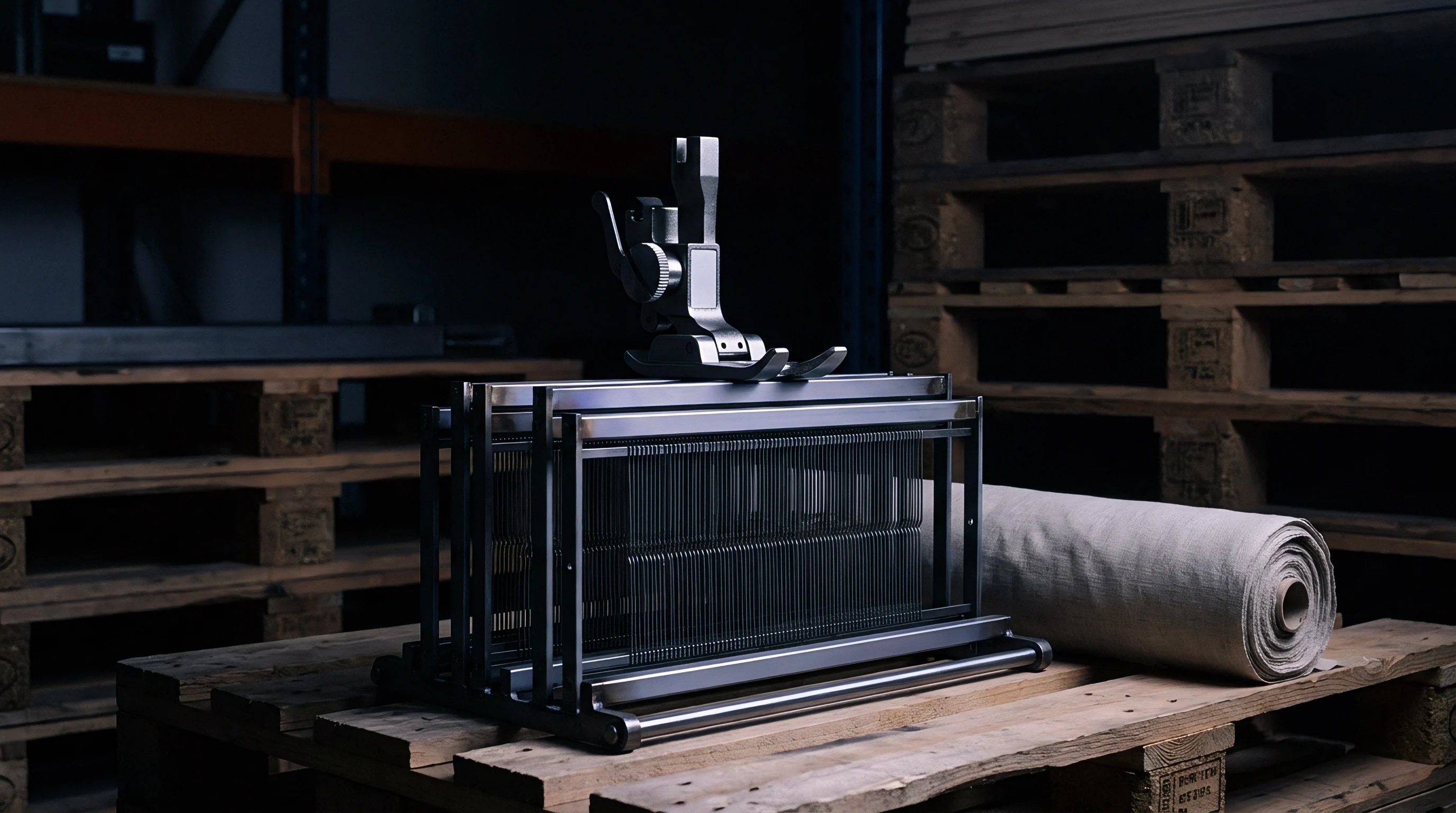 A metal weaving loom harness stands atop a wooden pallet beside a rolled bolt of unbleached textile inside a dim warehouse.
