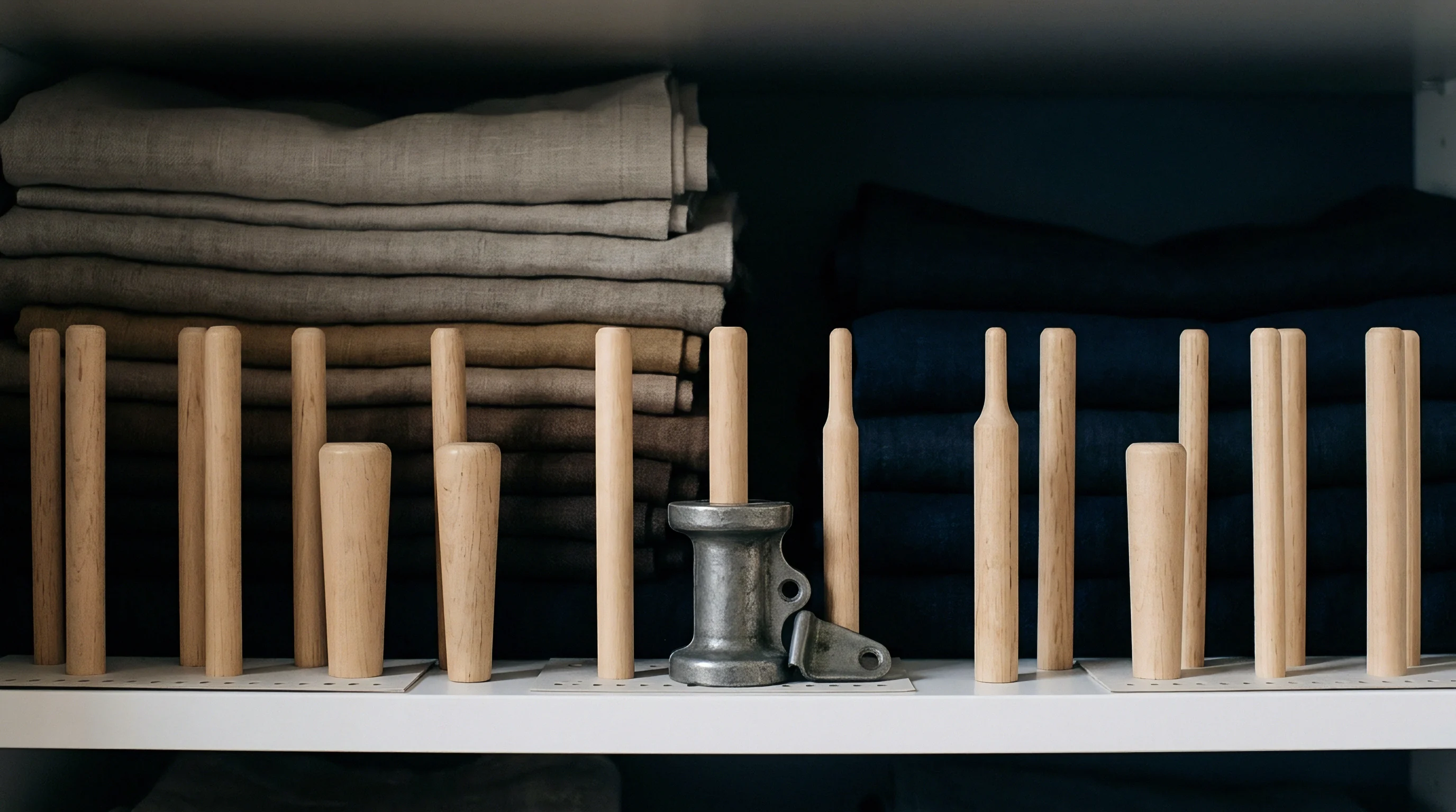 Vertical wooden spool pins stand in front of stacked natural flax linen and dark indigo woven cloth on storage shelves.