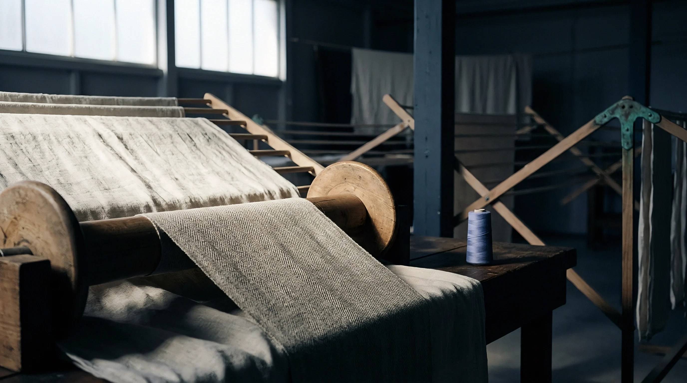 Woven flax fabric wraps around a large wooden warp beam inside a dim spinning and weaving workshop with draped cloth racks.
