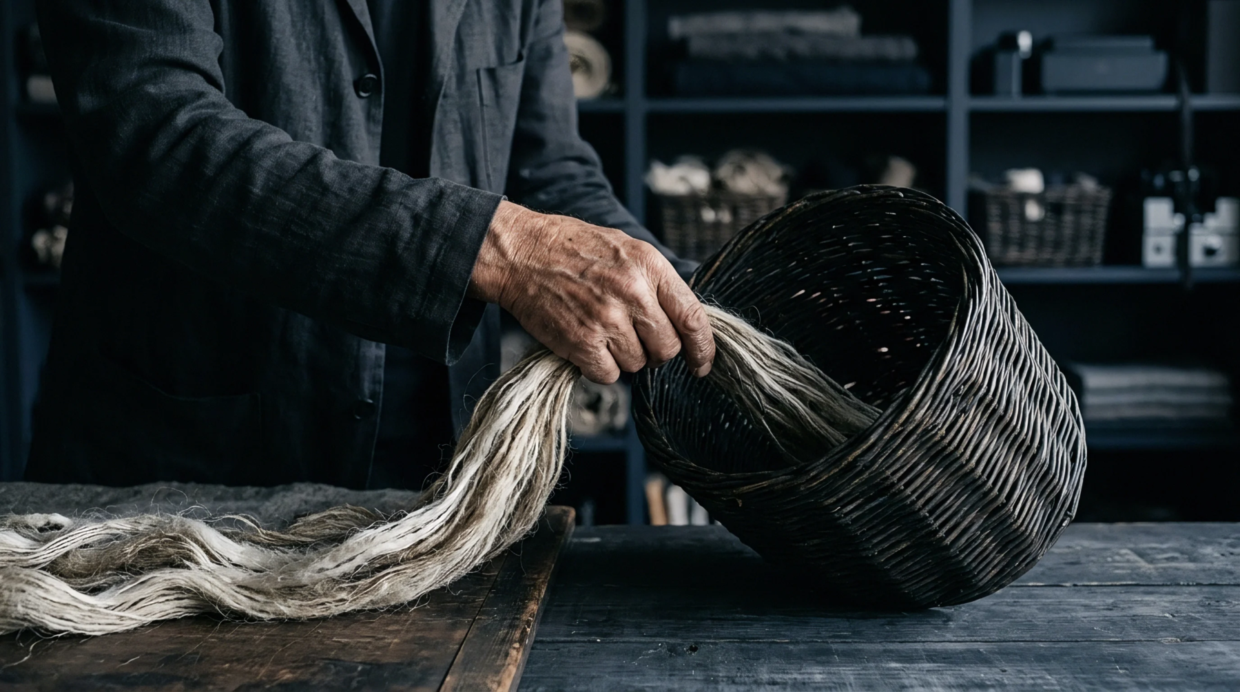 An artisan gathers long unspun flax fibres from a dark woven basket onto a weathered wooden workbench inside a textile workshop.