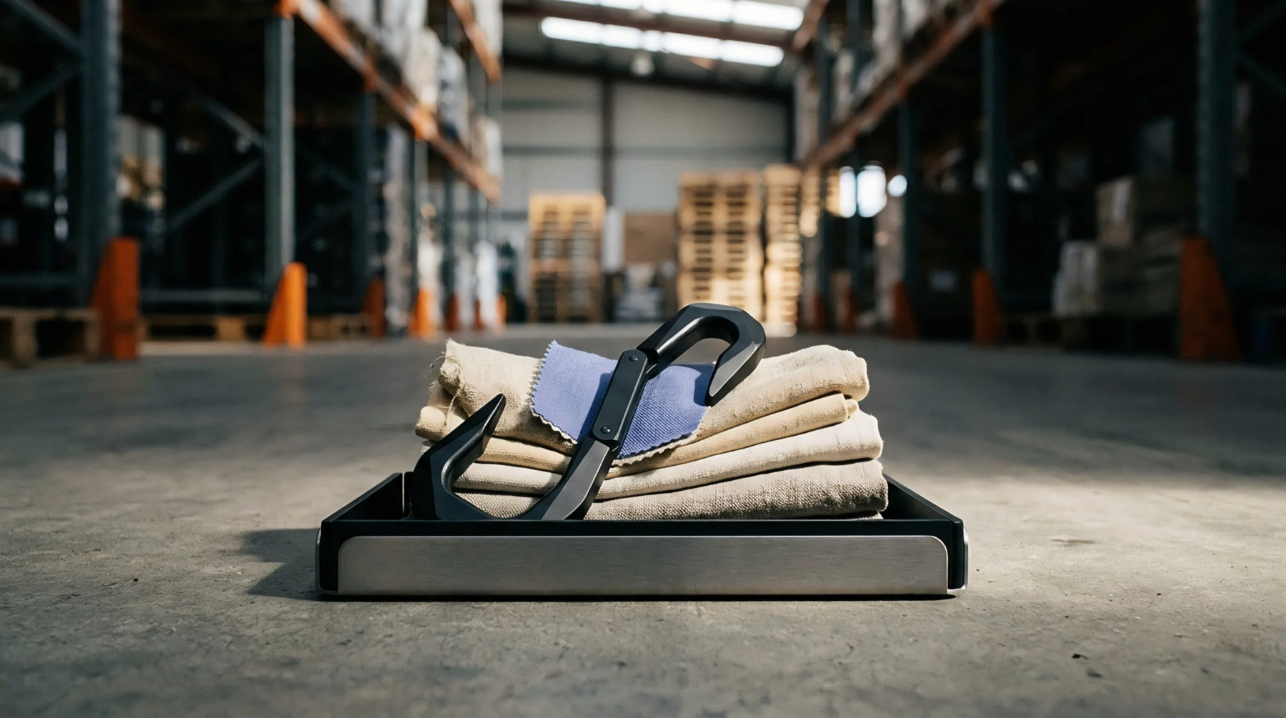 A low metal tray holds a folded stack of woven linen cloth beneath a blue fabric swatch on a concrete warehouse floor.