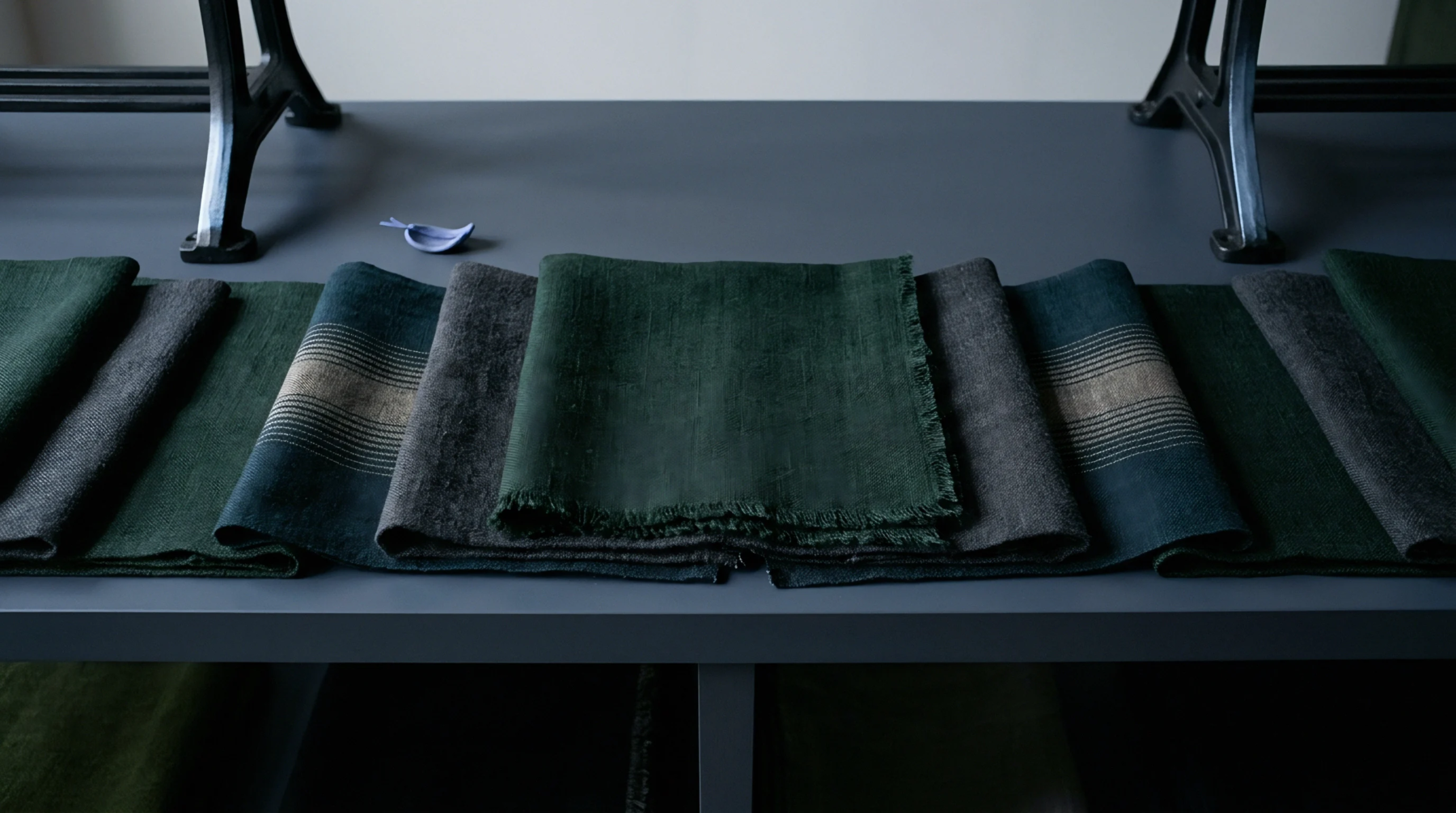 Folded lengths of dark green woven flax fabric rest horizontally across a dark grey metal work table.