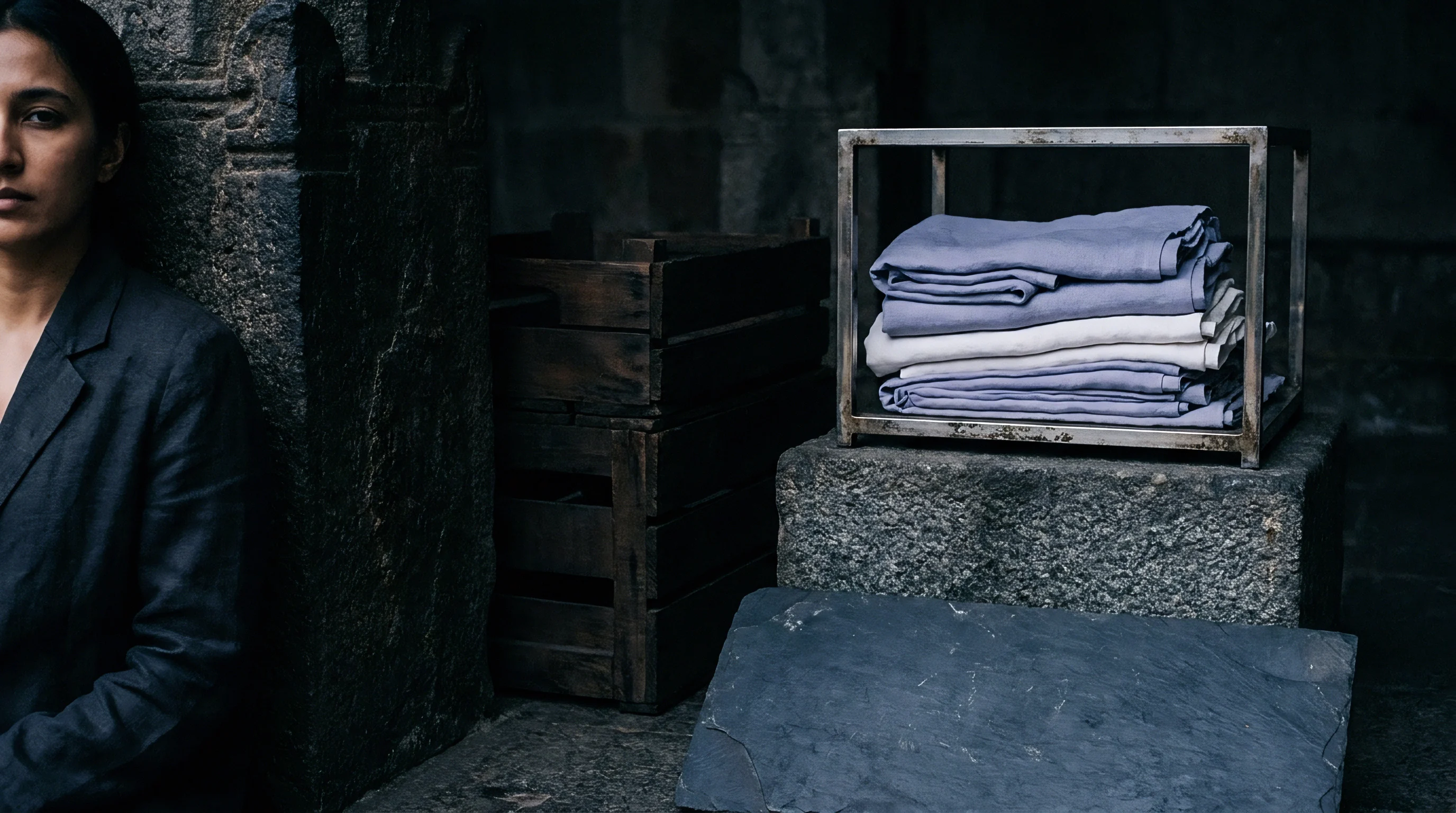 A woman beside dark wooden crates watches over folded woven linen textiles stacked inside a structural metal box resting on stone.